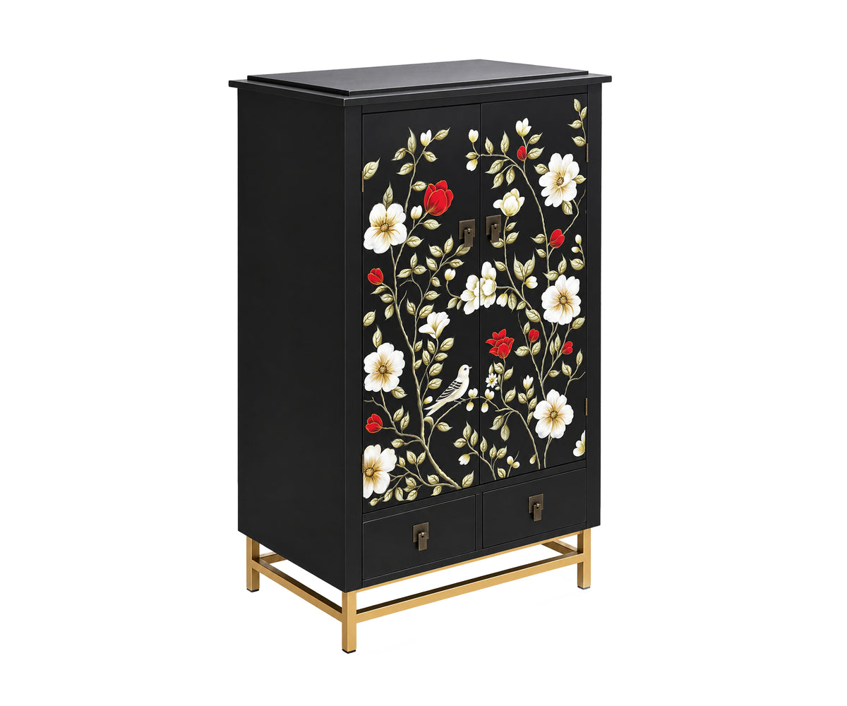 Hand-Painted Botanical Motif Teak Tall Cabinet in Black