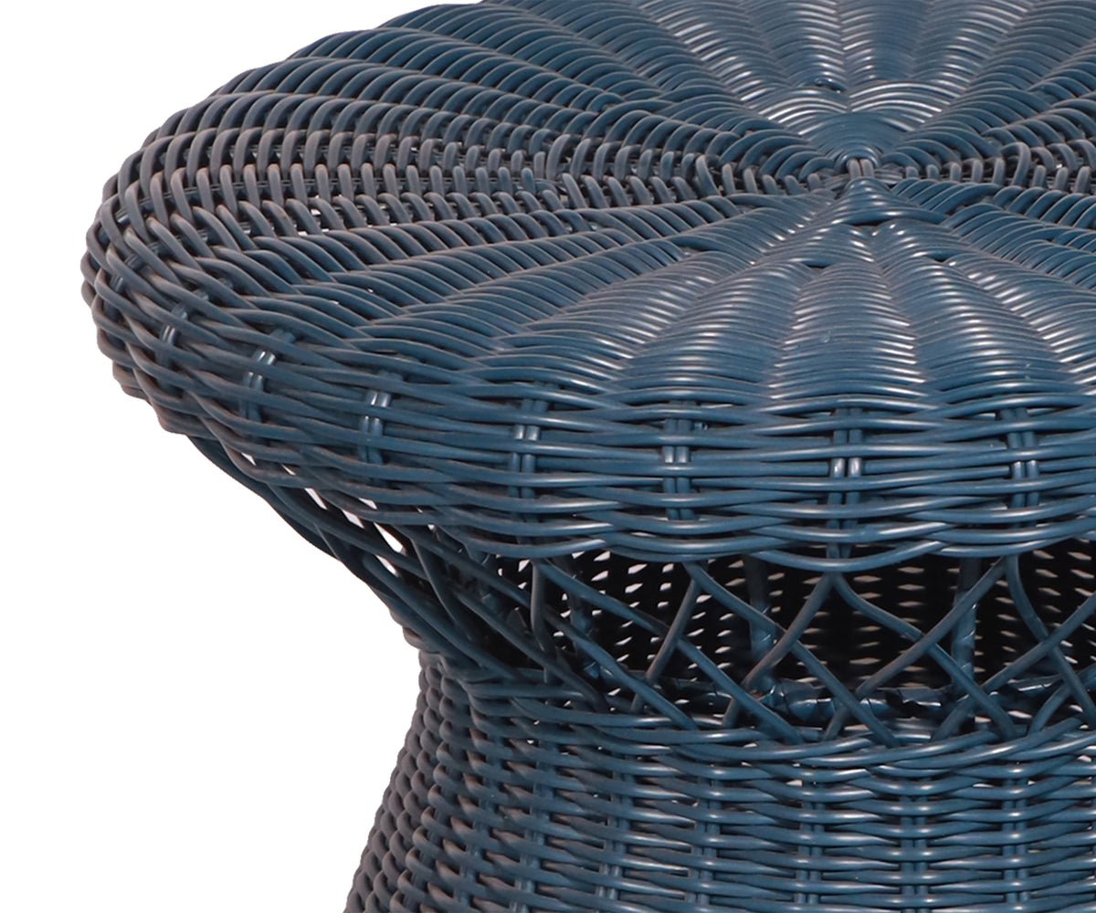 Teal Blue Hourglass Woven Outdoor Side Table with Sculptural Pedestal Base