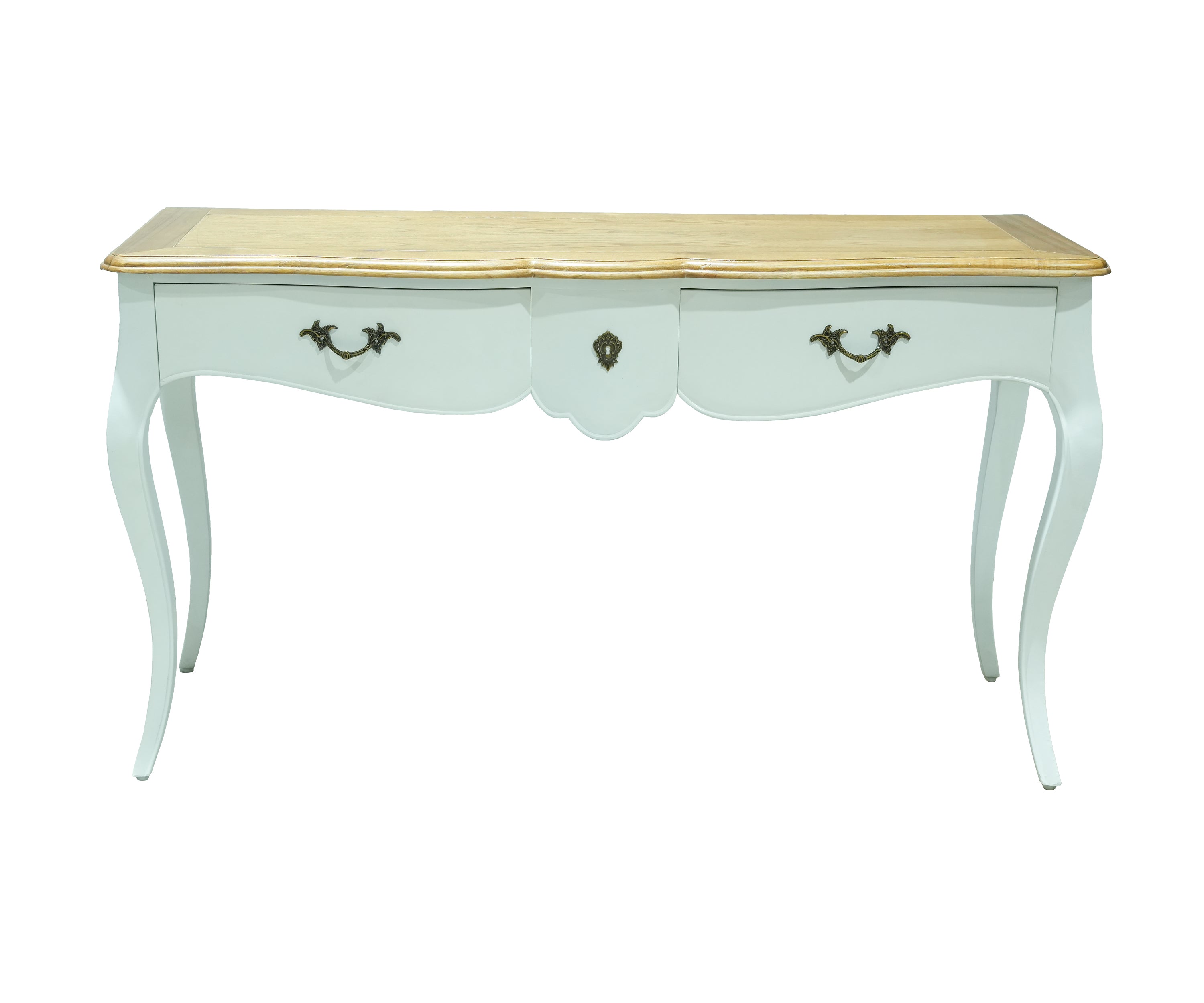 French Style White Console Table with Natural Wood Top