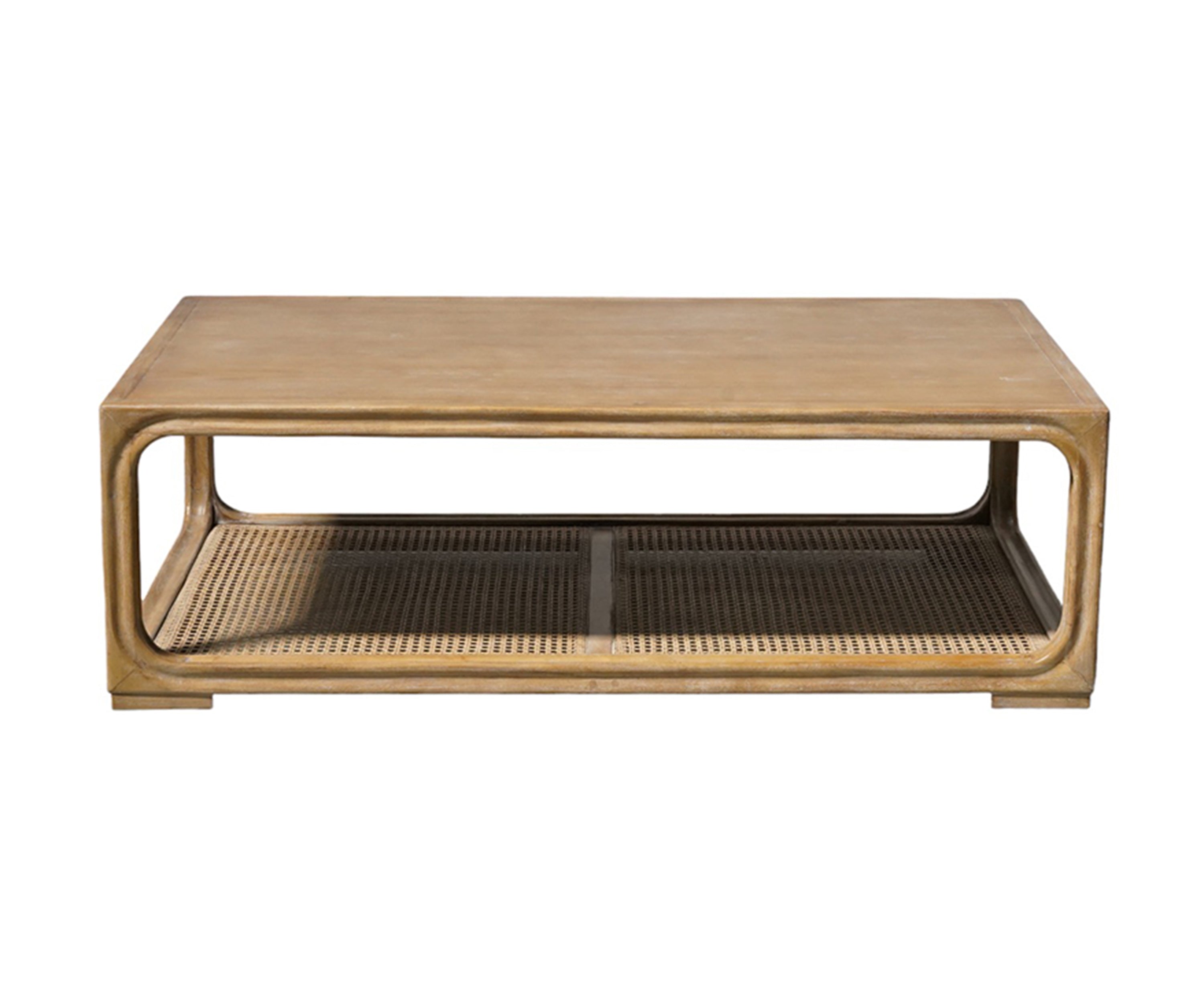 Mid-Century Modern Coffee Table with Rattan Cane Shelf