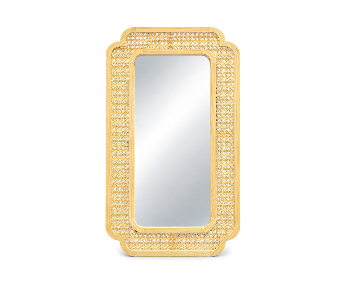 Woven Rattan Accent Wall Mirror with Scalloped Teak Frame