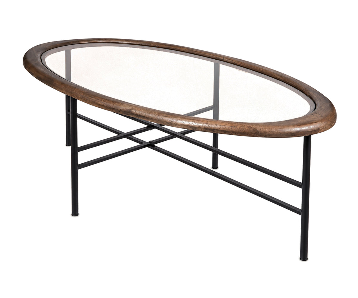 Low Oval Glass Coffee Table with Matte Black Metal Frame