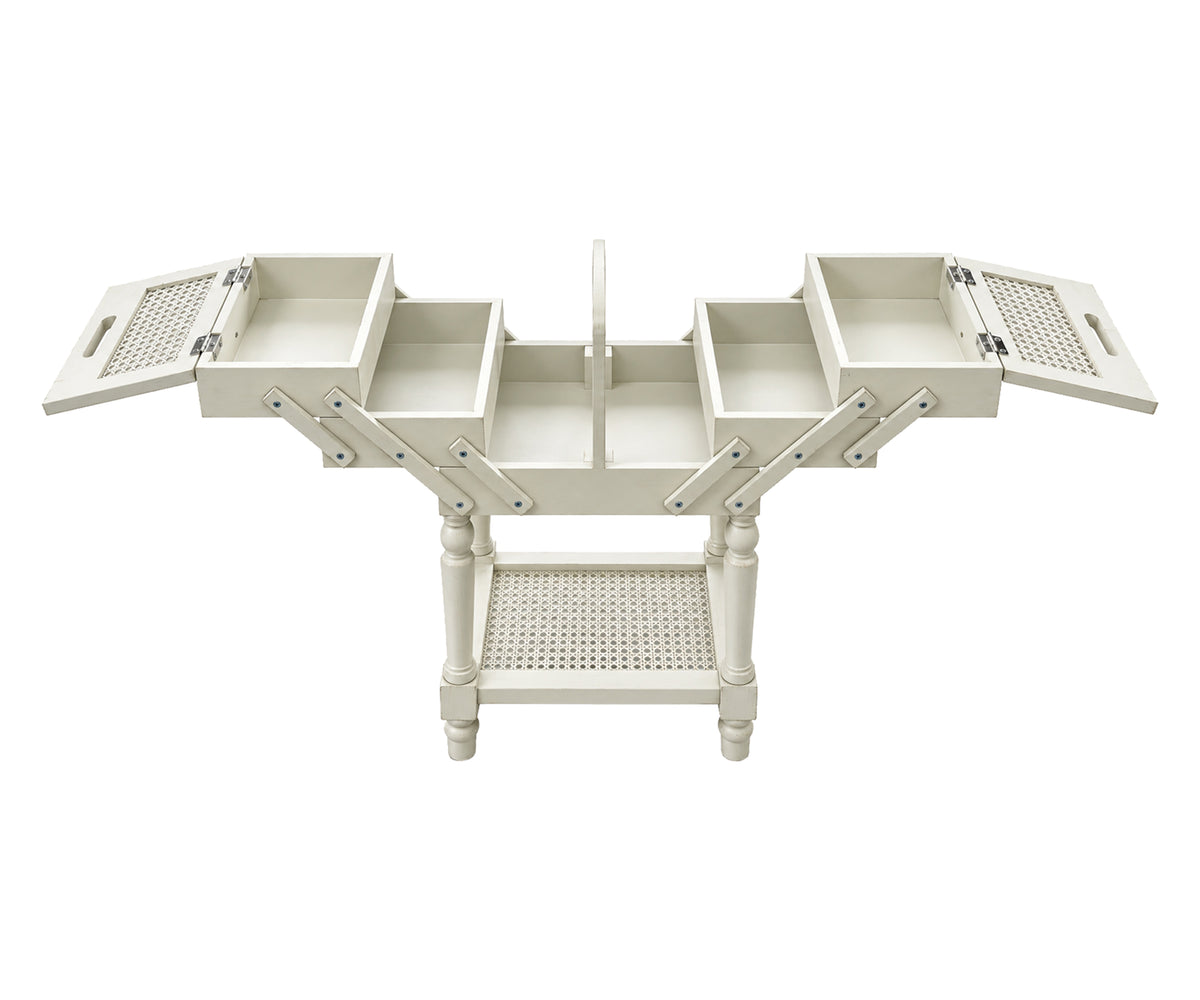 White Folding Accordion Bedside Table with Expandable Storage & Rattan Shelf