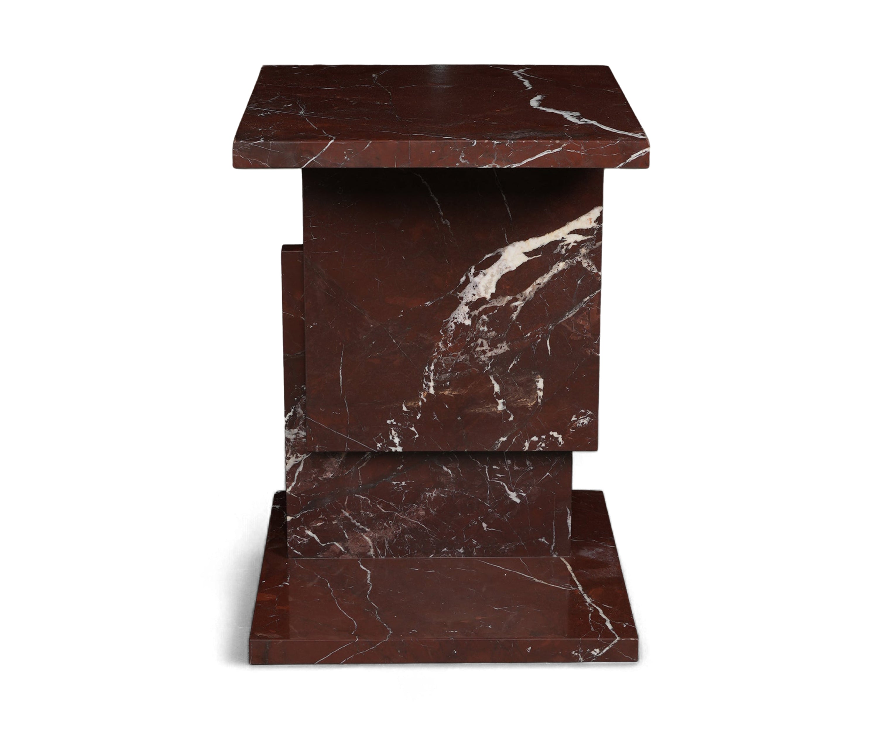 Red Marble Side Table with Architectural Layered Pedestal Base