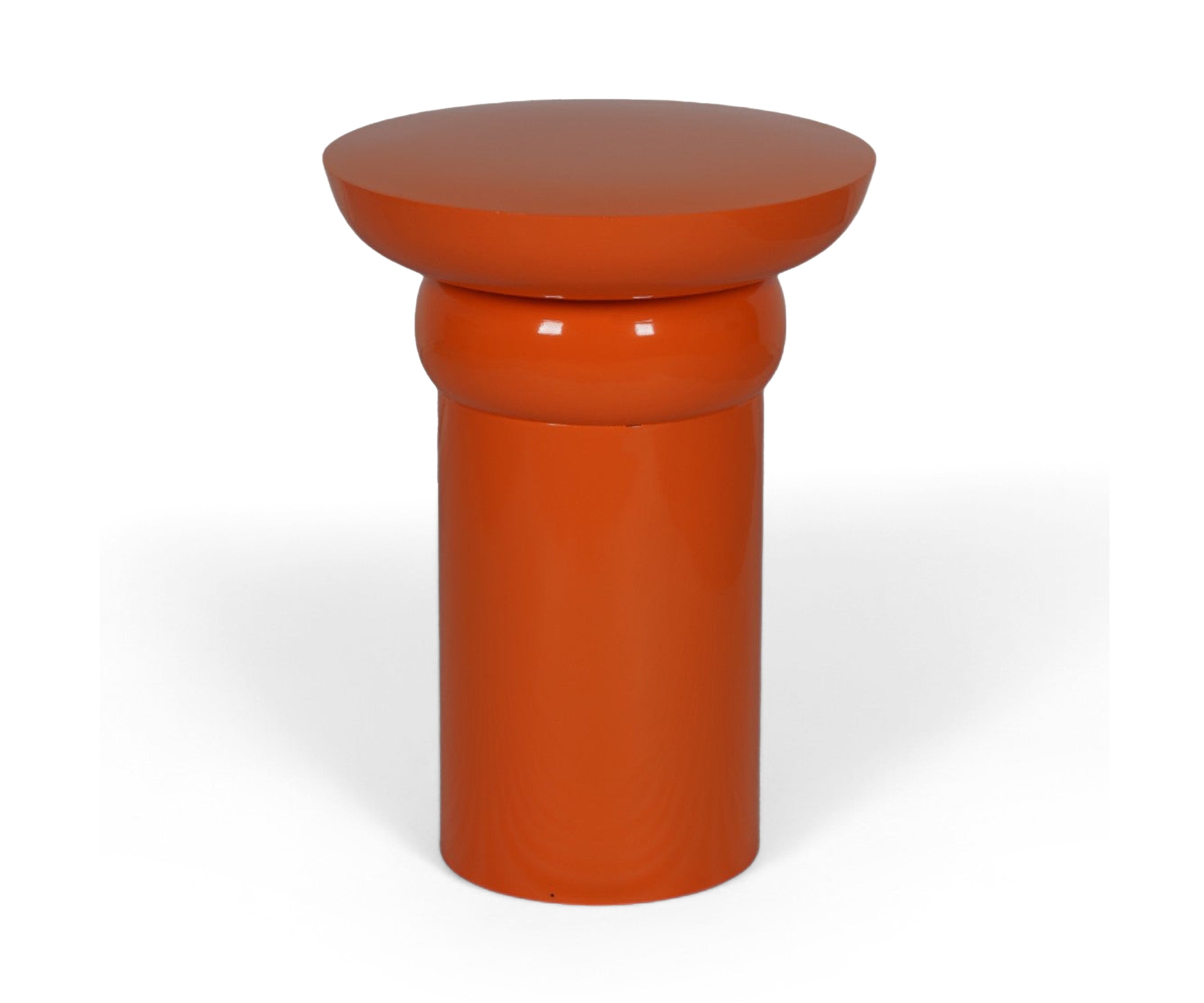 Orange Metal Side Table with Drum Pedestal Base