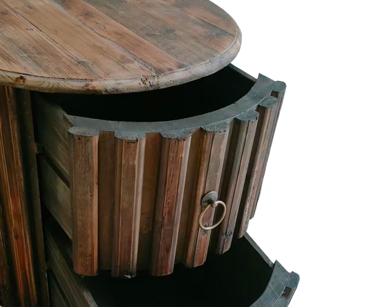 Slatted Wood Barrel 2-Drawer Bedside Table on Casters