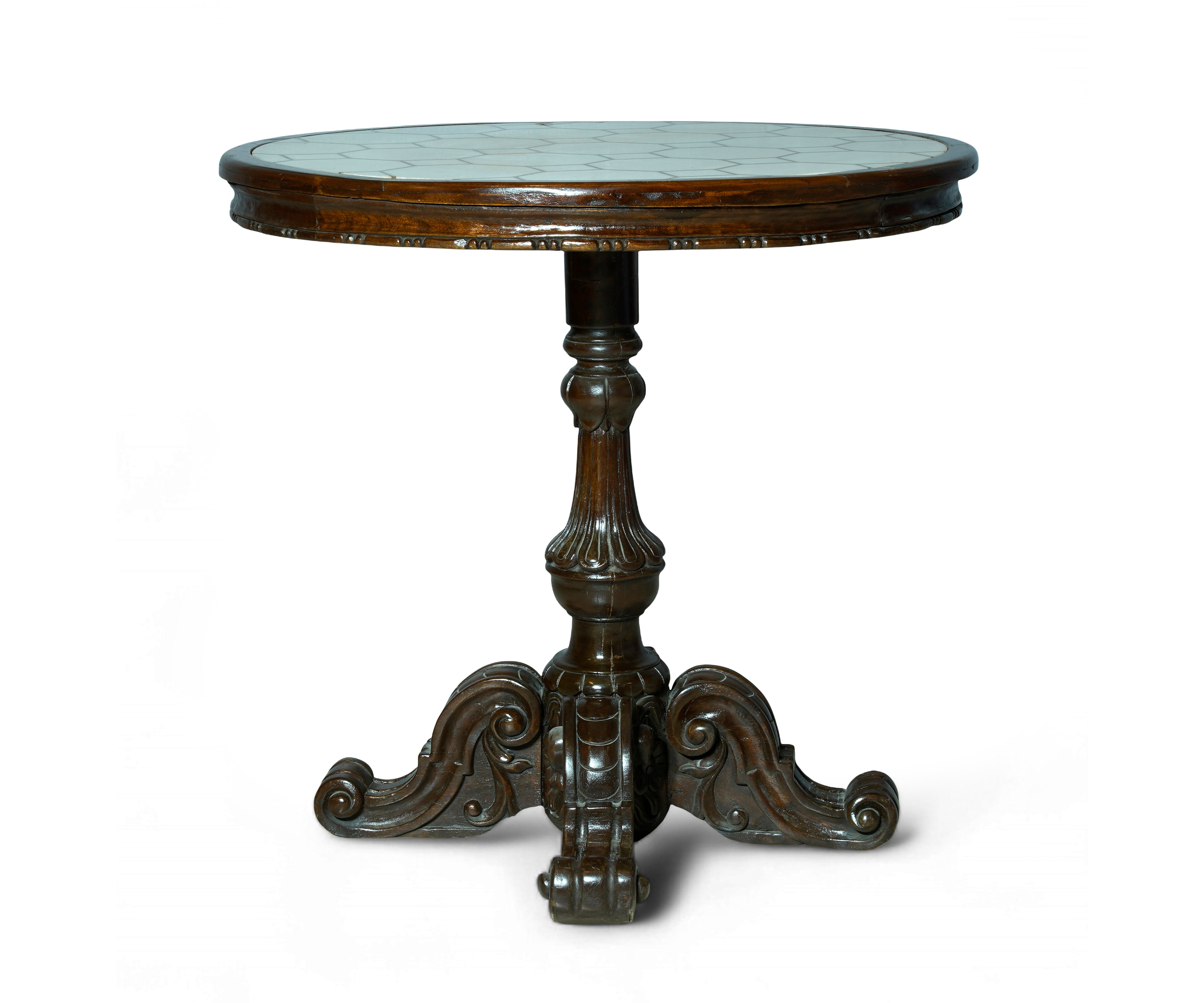 Handcrafted Brass Inlay Round Table with Ornate Carved Solid Wood Base