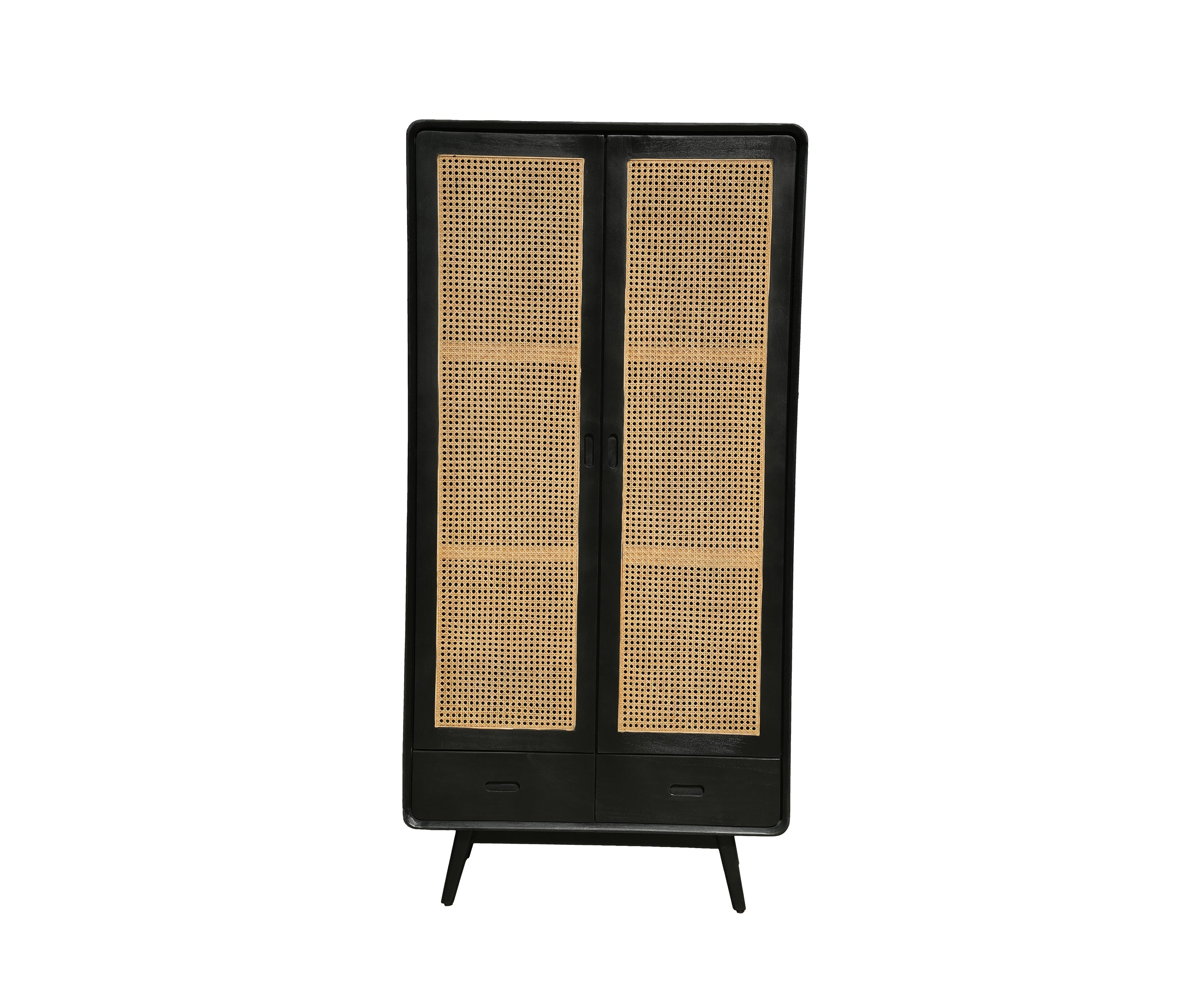 Black Teak and Cane Double Door Wardrobe with Drawers