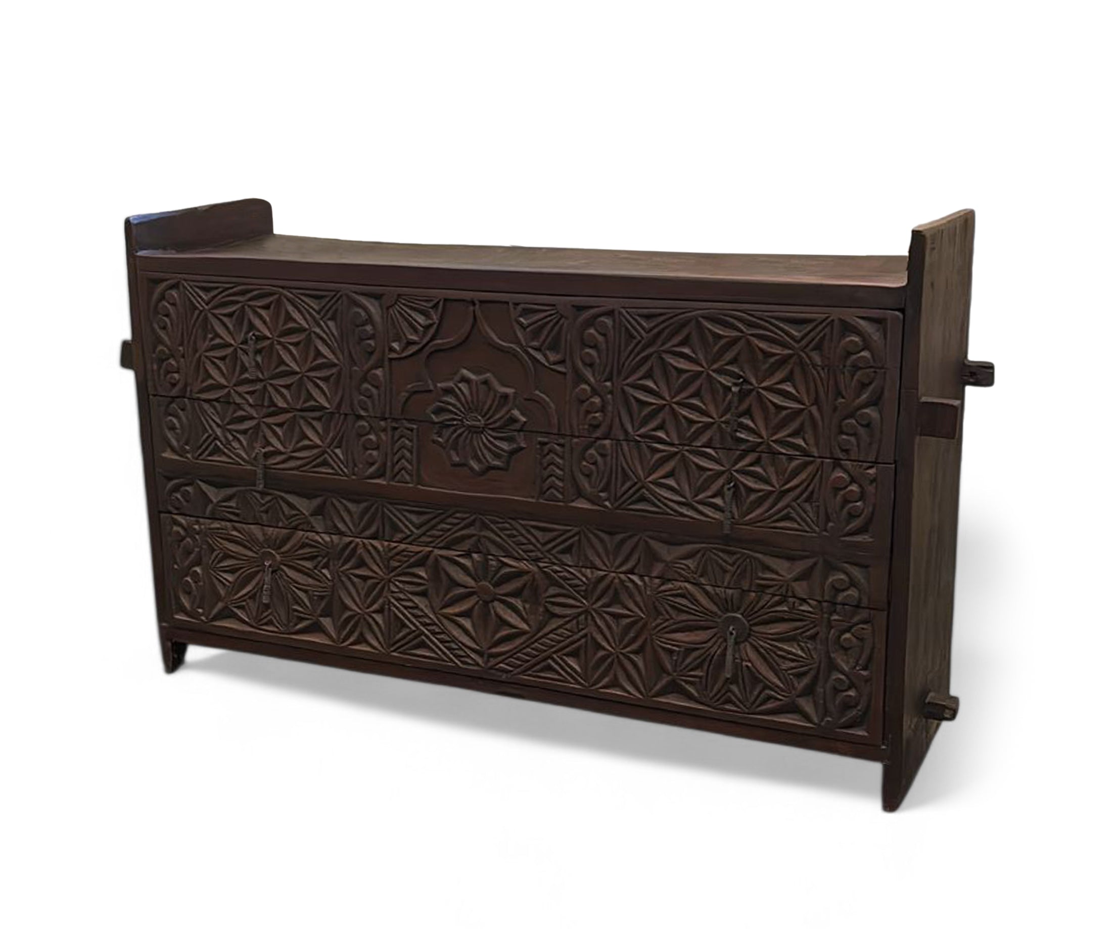 Tribal Carved Solid Wood Chest of Drawers in Dark Walnut Finish
