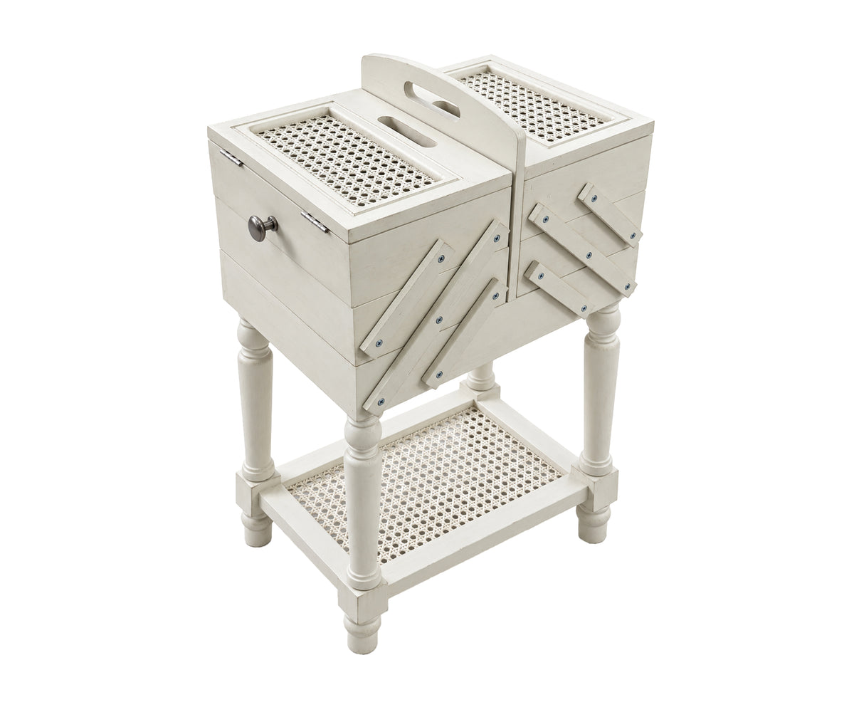 White Folding Accordion Bedside Table with Expandable Storage & Rattan Shelf