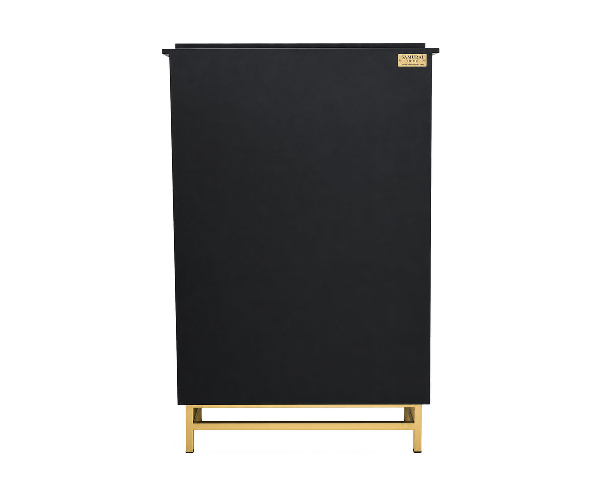 Hand-Painted Botanical Motif Teak Tall Cabinet in Black