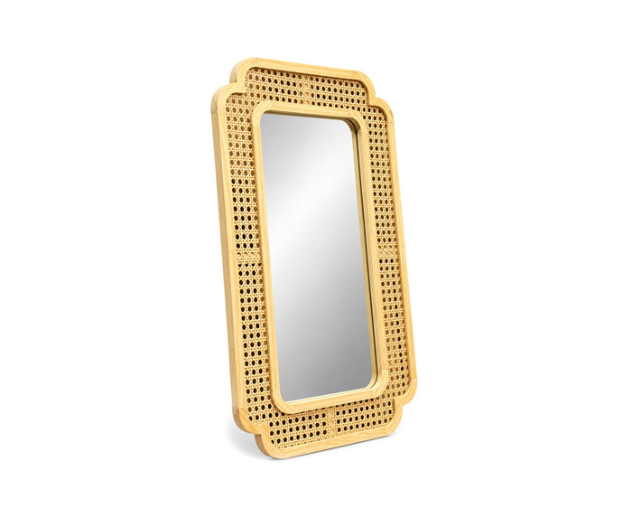 Woven Rattan Accent Wall Mirror with Scalloped Teak Frame