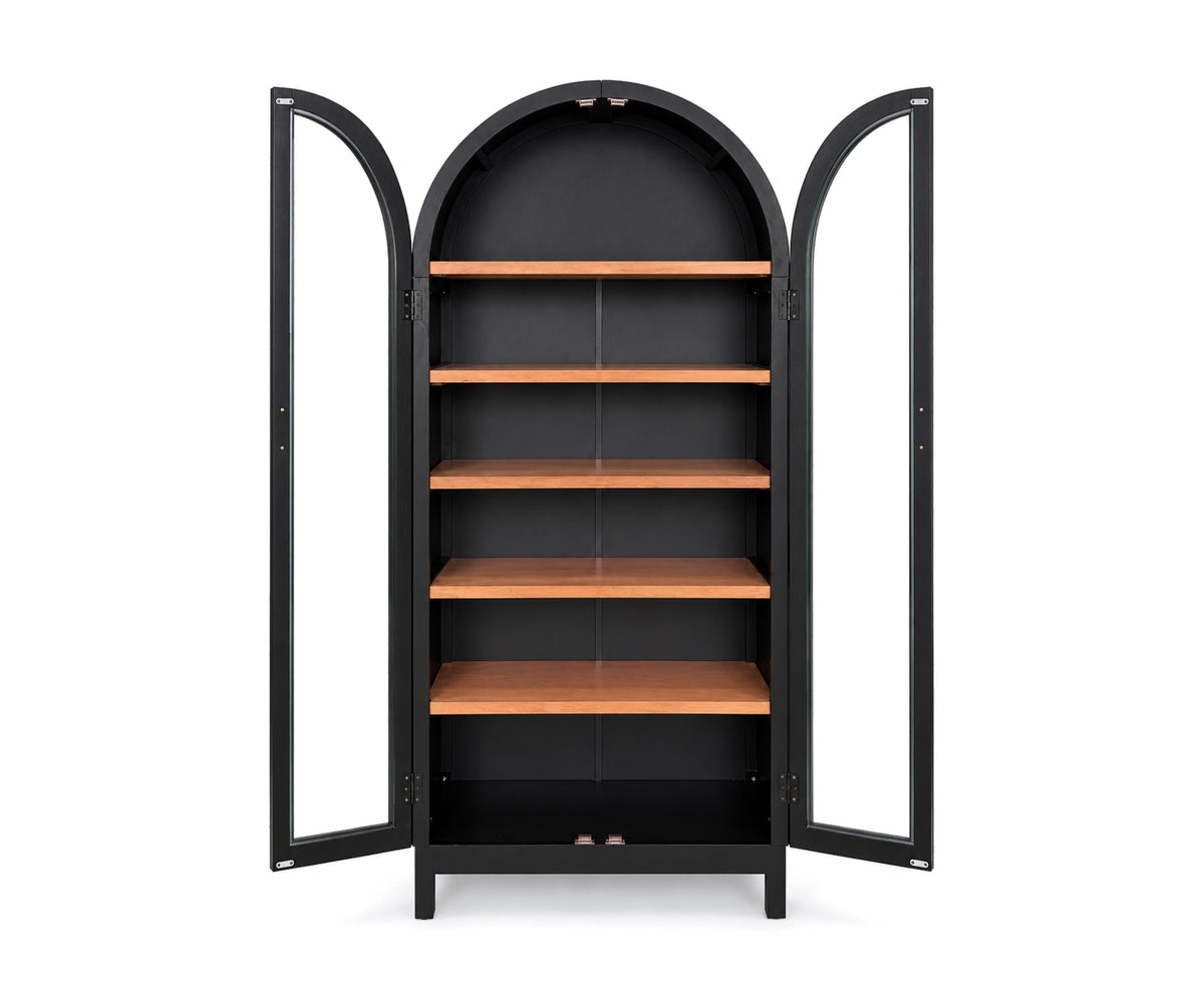 Arched Black 5-Shelf Display Cabinet with Glass Doors