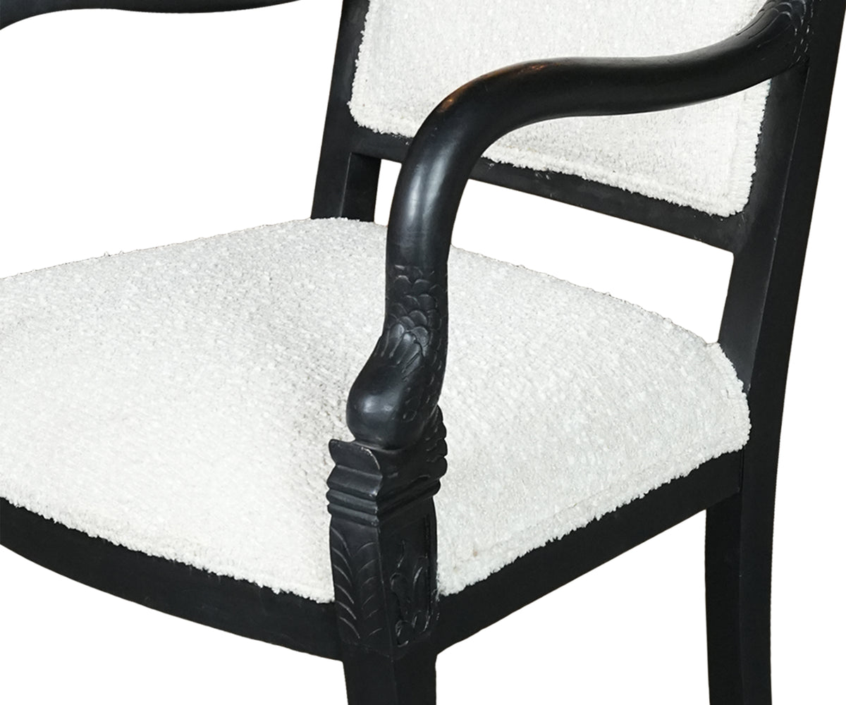 Bouclé Wooden Arm Chair with Carved Leaf Medallion in Black