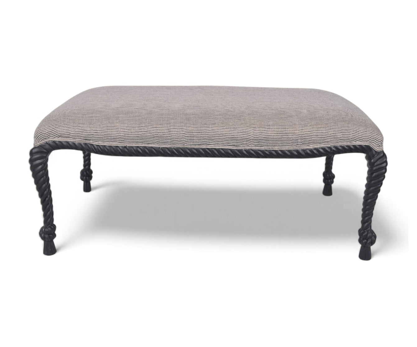 Striped Patterned Ottoman with Rope-Twist Carved Wooden Legs