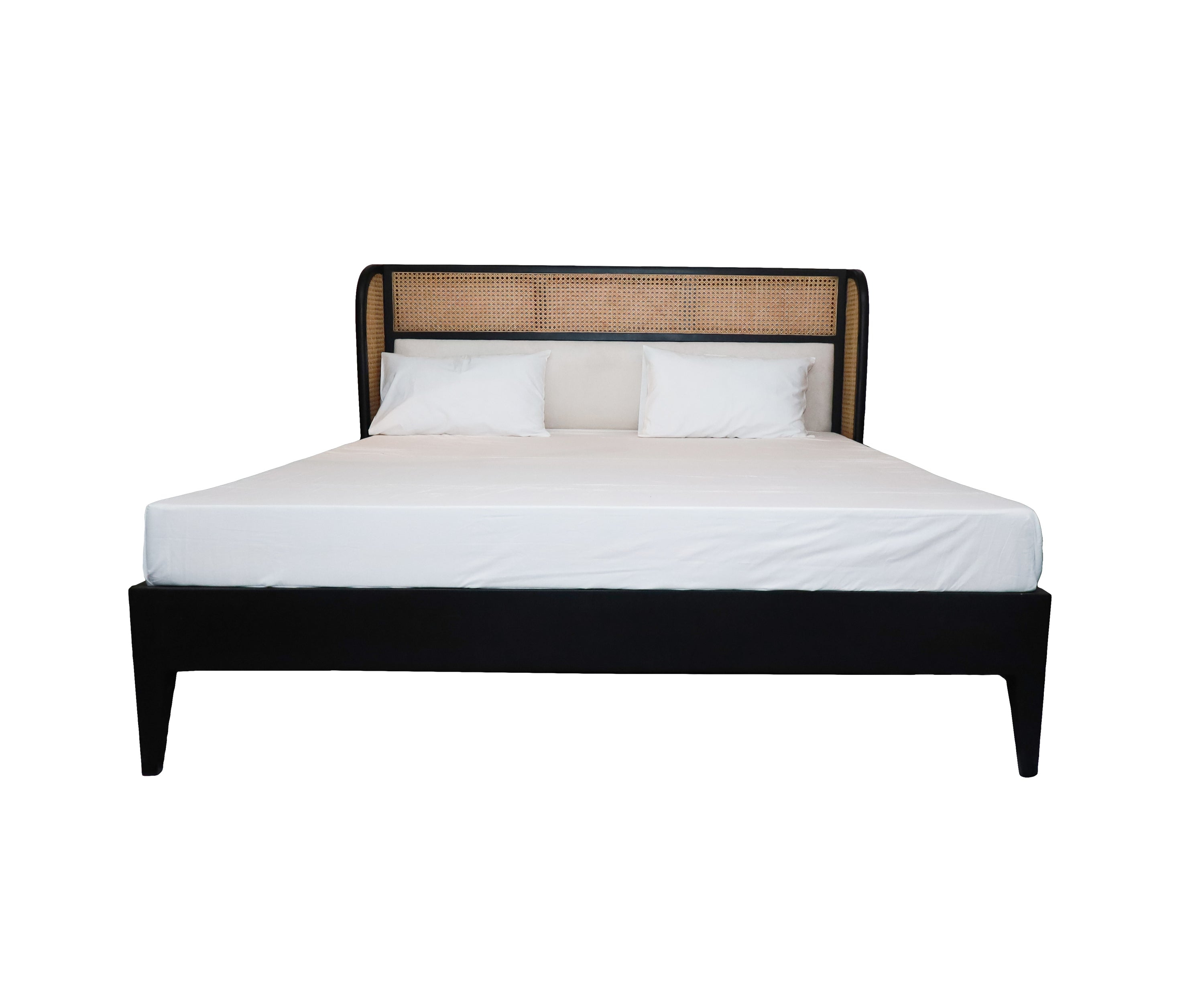 Modern Black Wooden Platform Bed with Rattan Cane Headboard