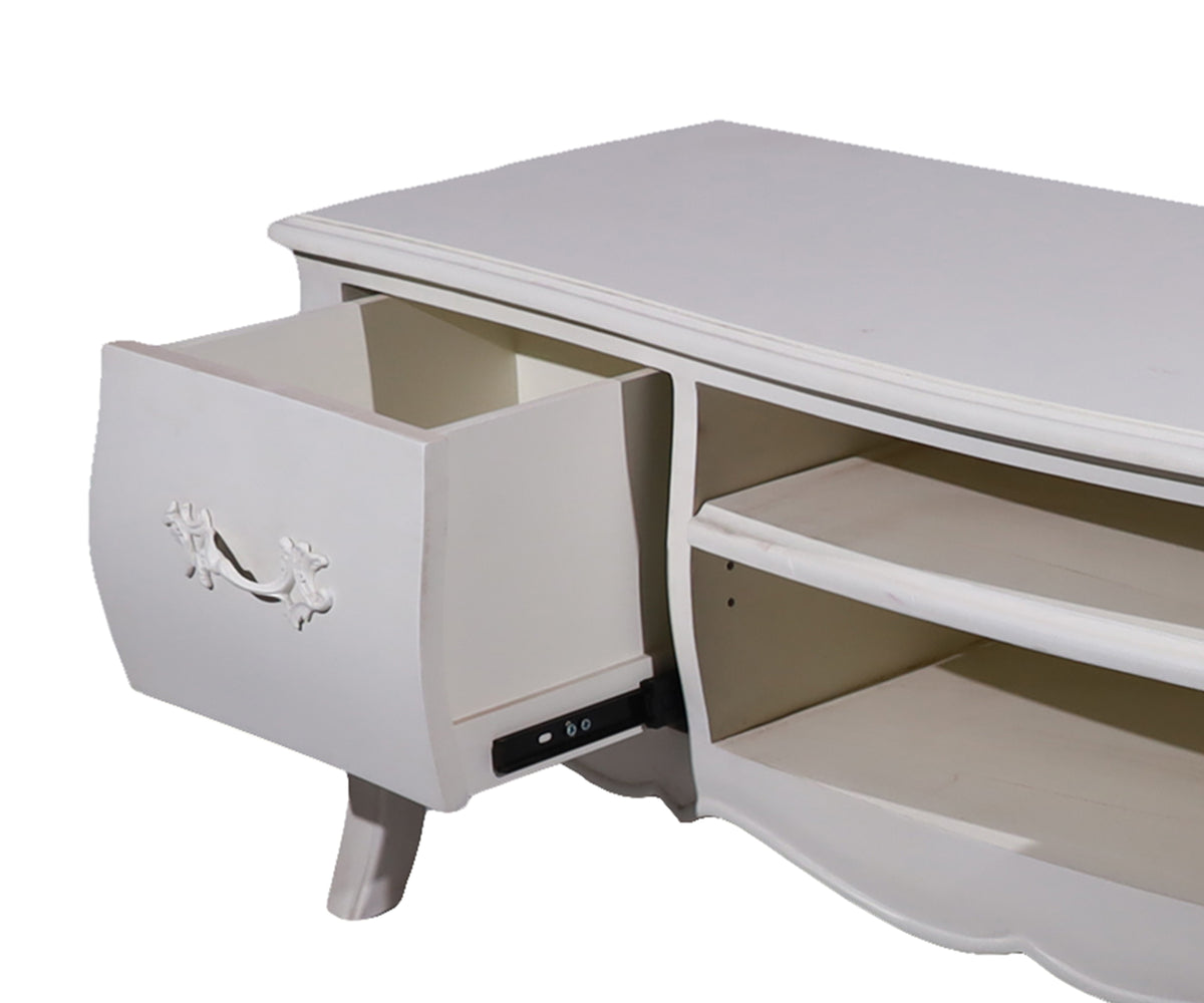 White French Provincial Style TV Unit with Open Shelves & Side Cabinets