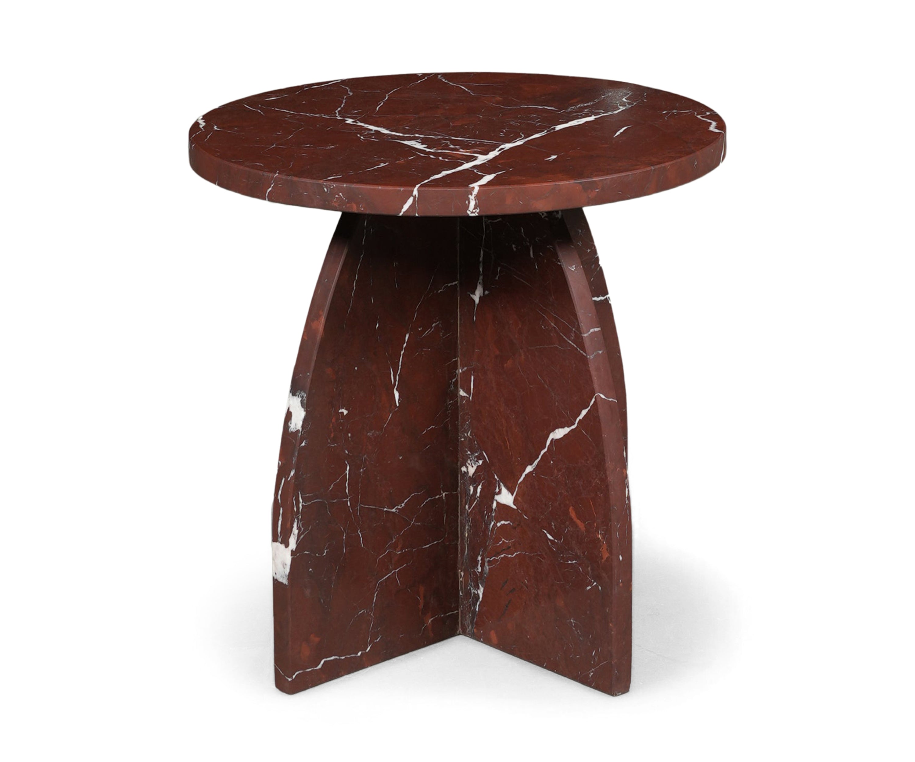 Round Red Marble Side Table with Sculptural Pedestal Base