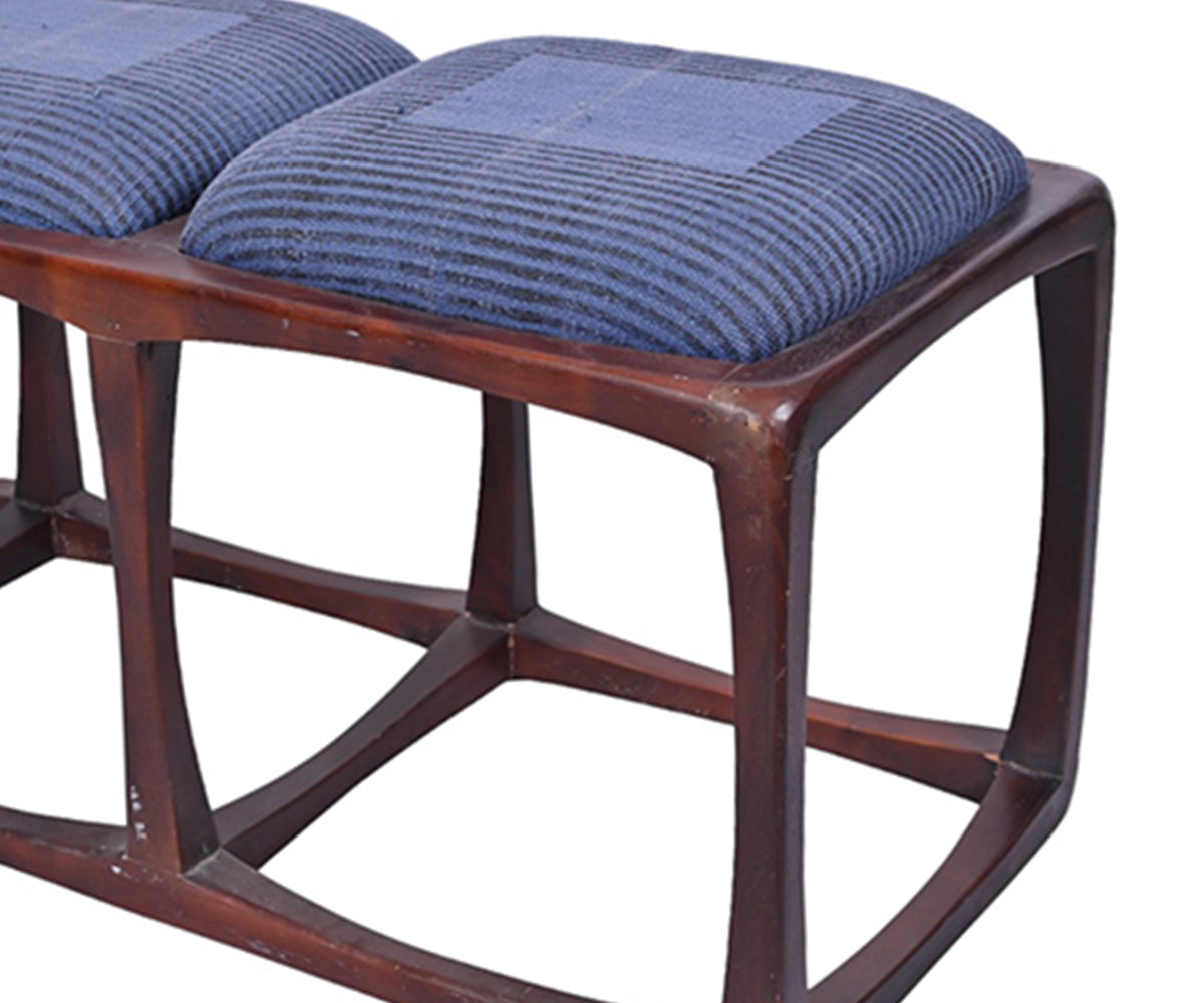 Mid-Century Wooden Bench with Three Blue Upholstered Seats
