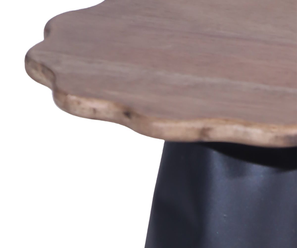 Charcoal Black Metal Petite Pedestal Table with Scalloped Wooden Top