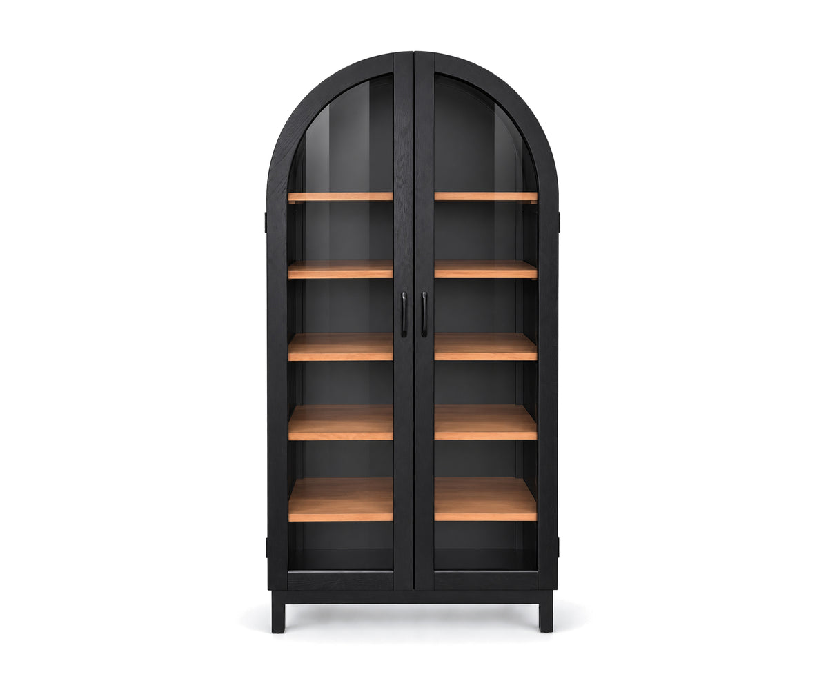Arched Black 5-Shelf Display Cabinet with Glass Doors