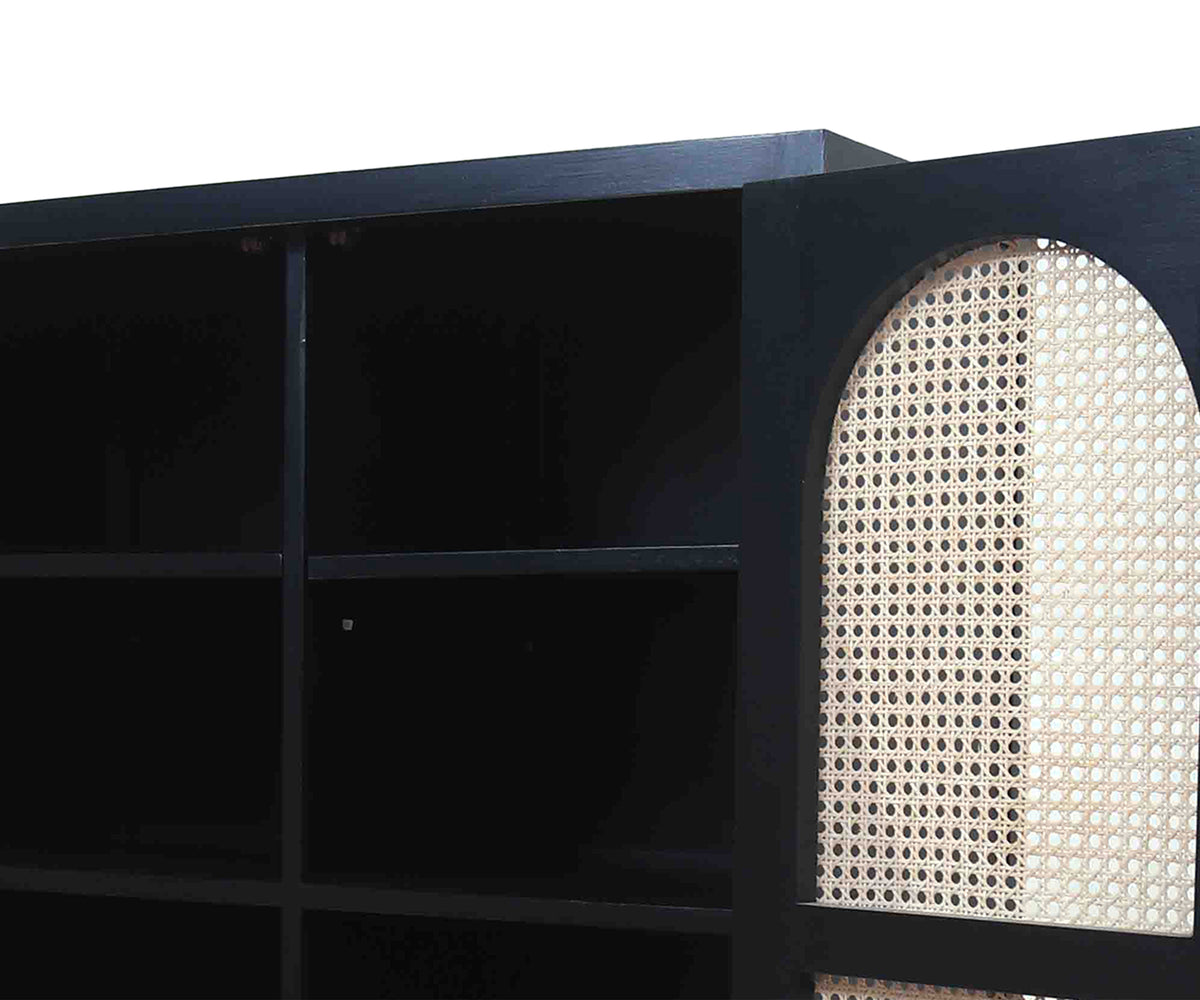 Modern Black Accent Cabinet with 2 Arched Rattan Doors