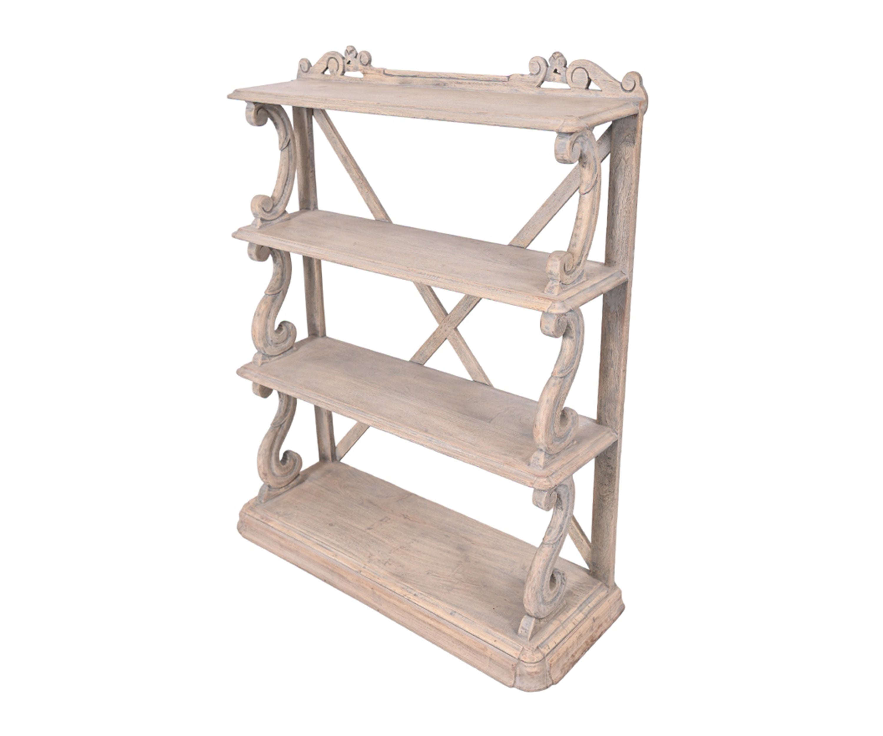 Rustic Wooden Display Shelf with Cross X-Beam Back