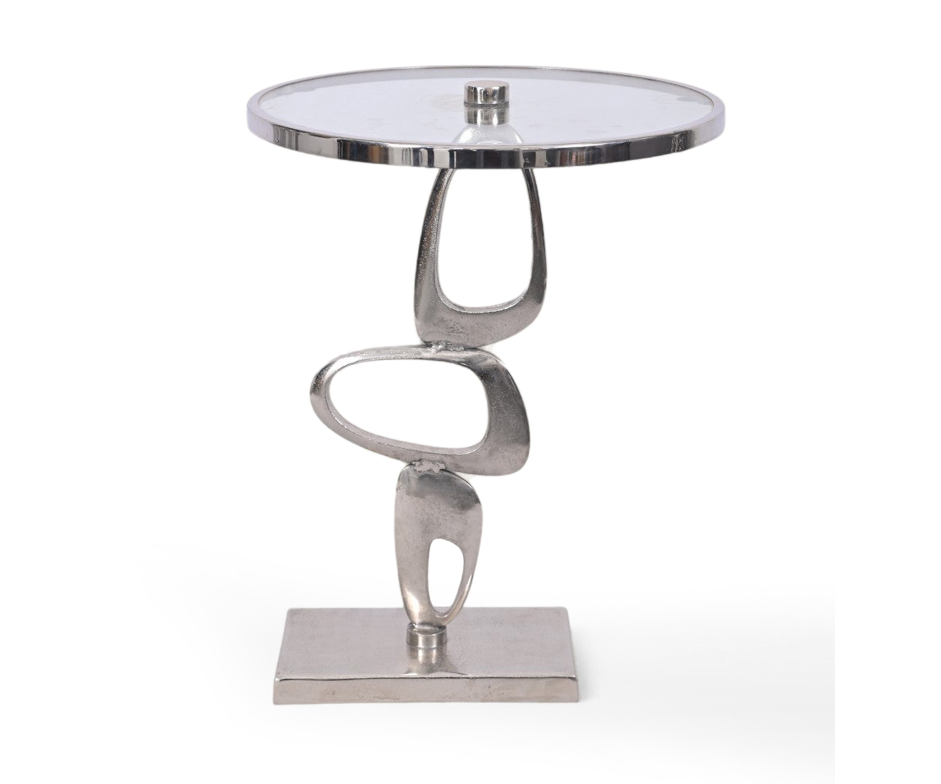 Round Glass Side Table with Abstract Loop Metal Base