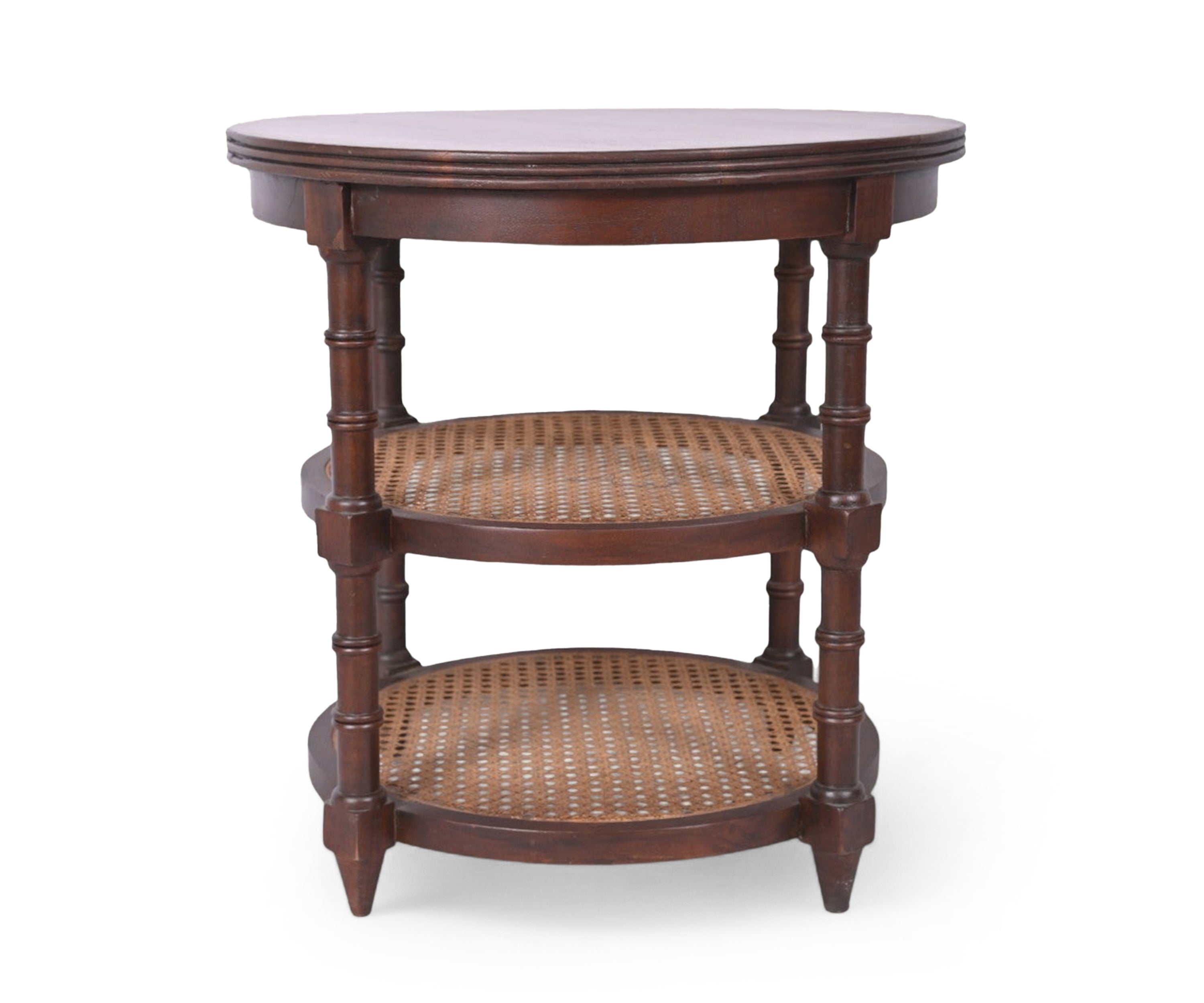 Solid Wood Round Side Table with Cane Shelves