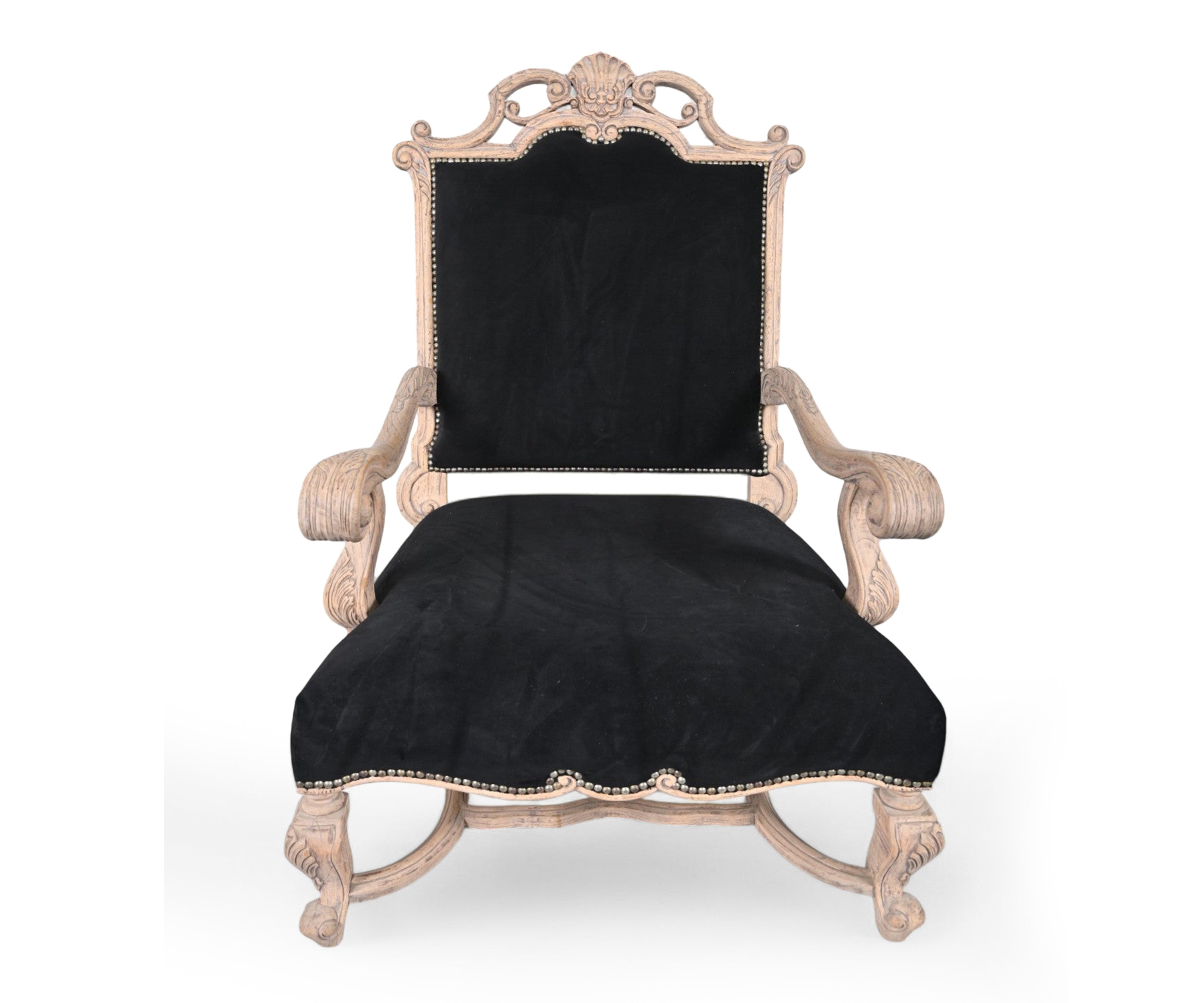 Black Velvet Antique French Carved Accent Chair with Brass Studs