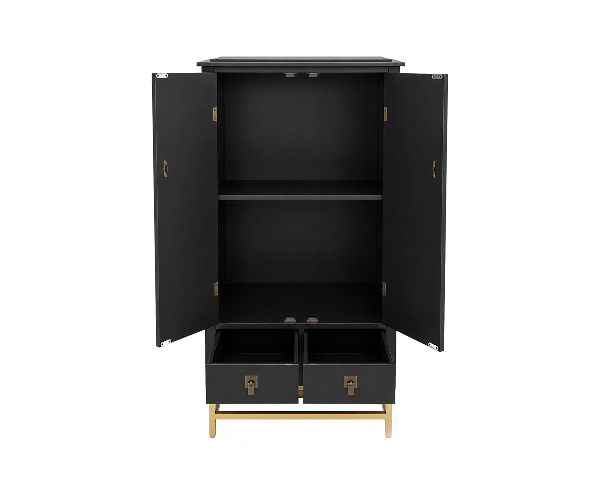 Hand-Painted Botanical Motif Teak Tall Cabinet in Black