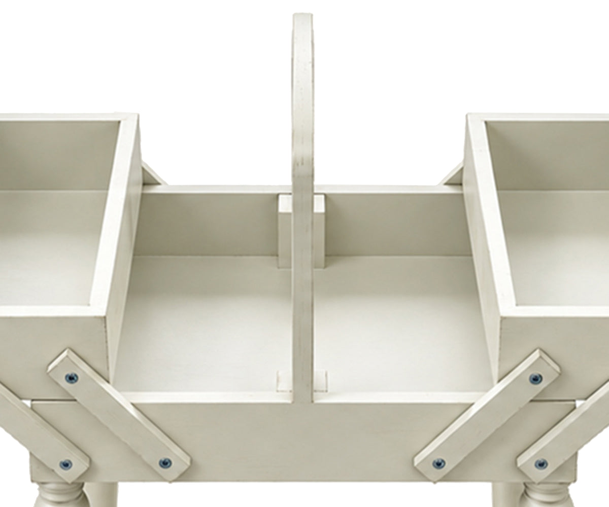 White Folding Accordion Bedside Table with Expandable Storage & Rattan Shelf