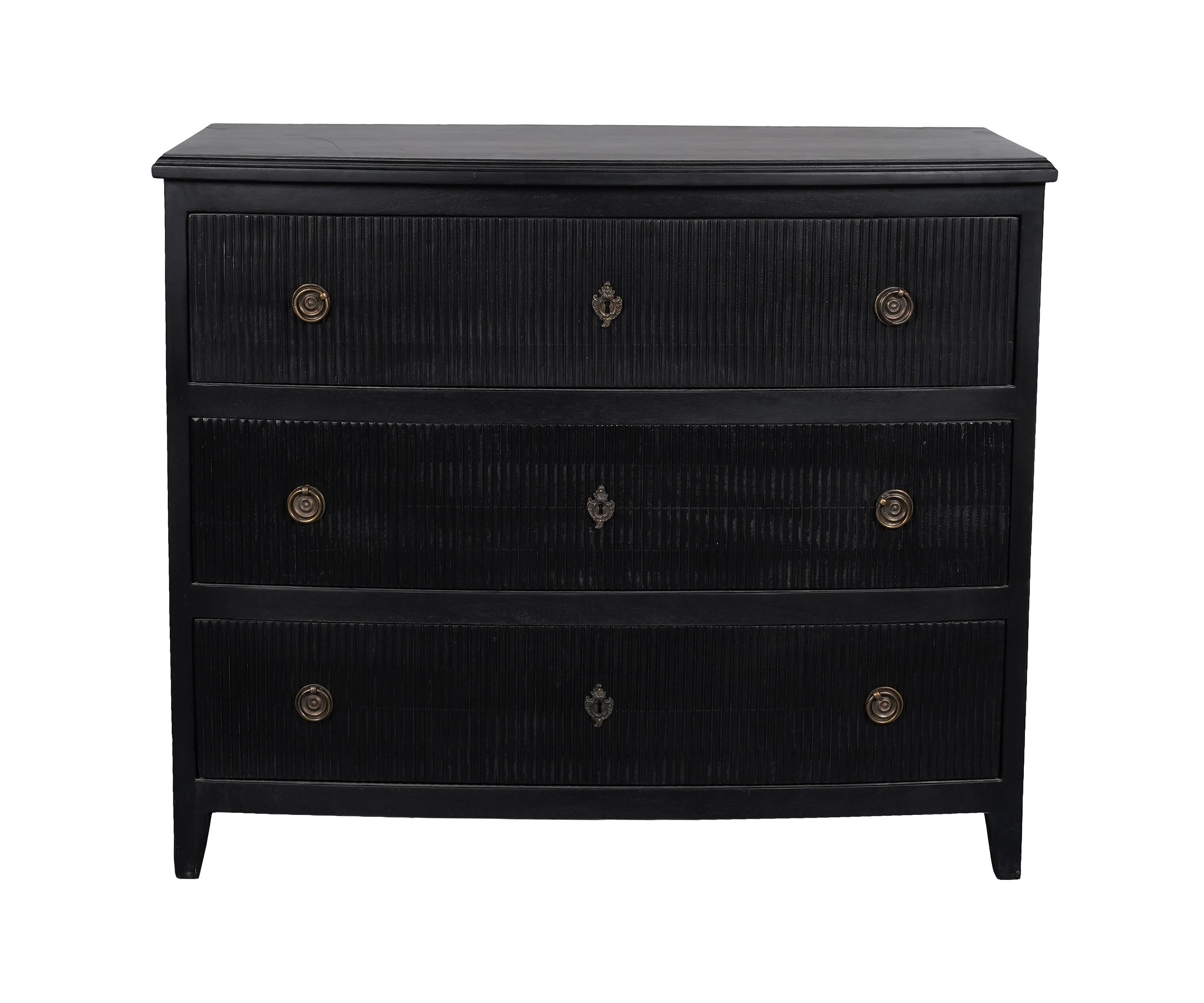 Black Curved Front 3-Drawer Chest of Drawers with Brass Hardware