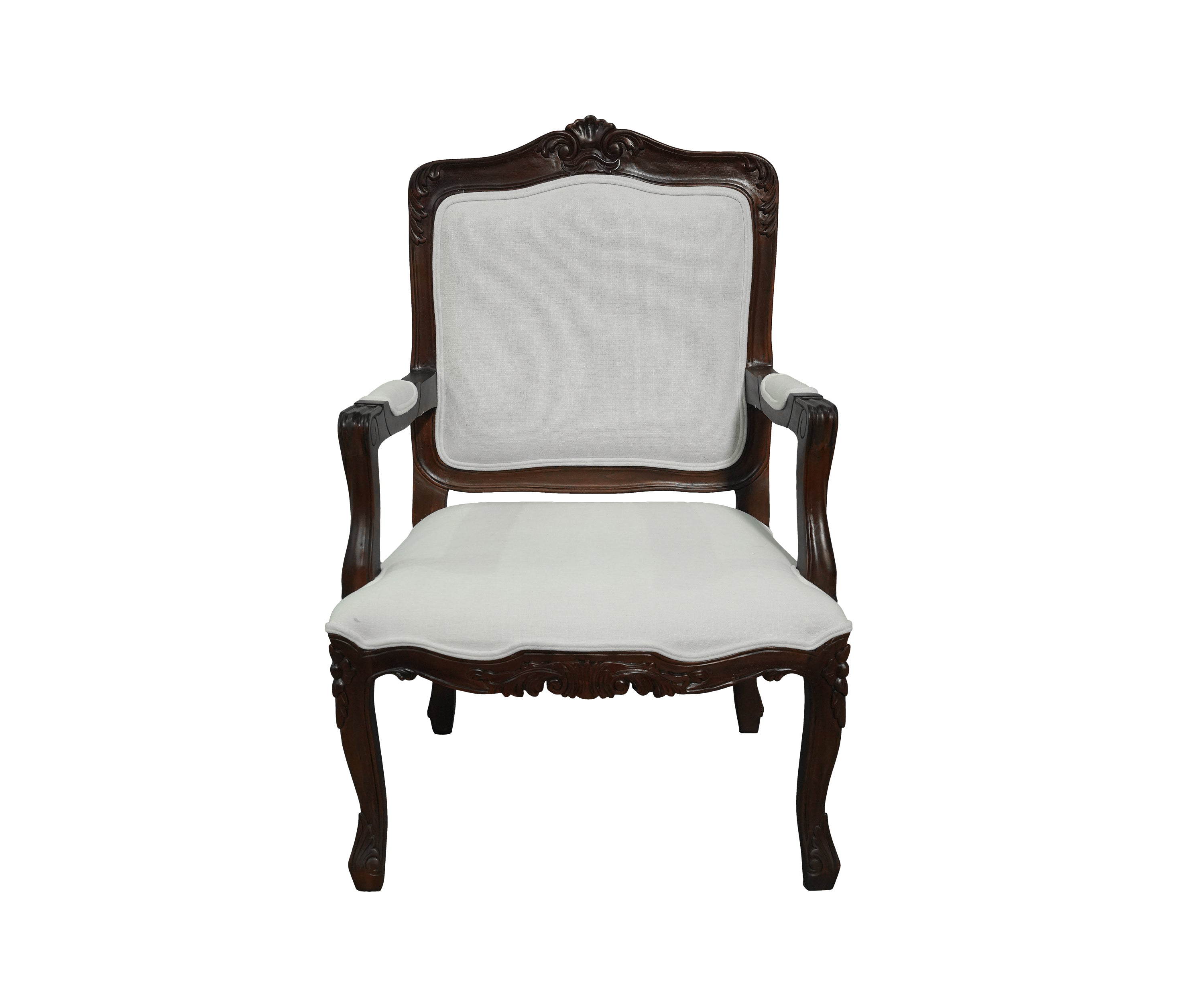 French Inspired Carved Wood Upholstered Arm Chair