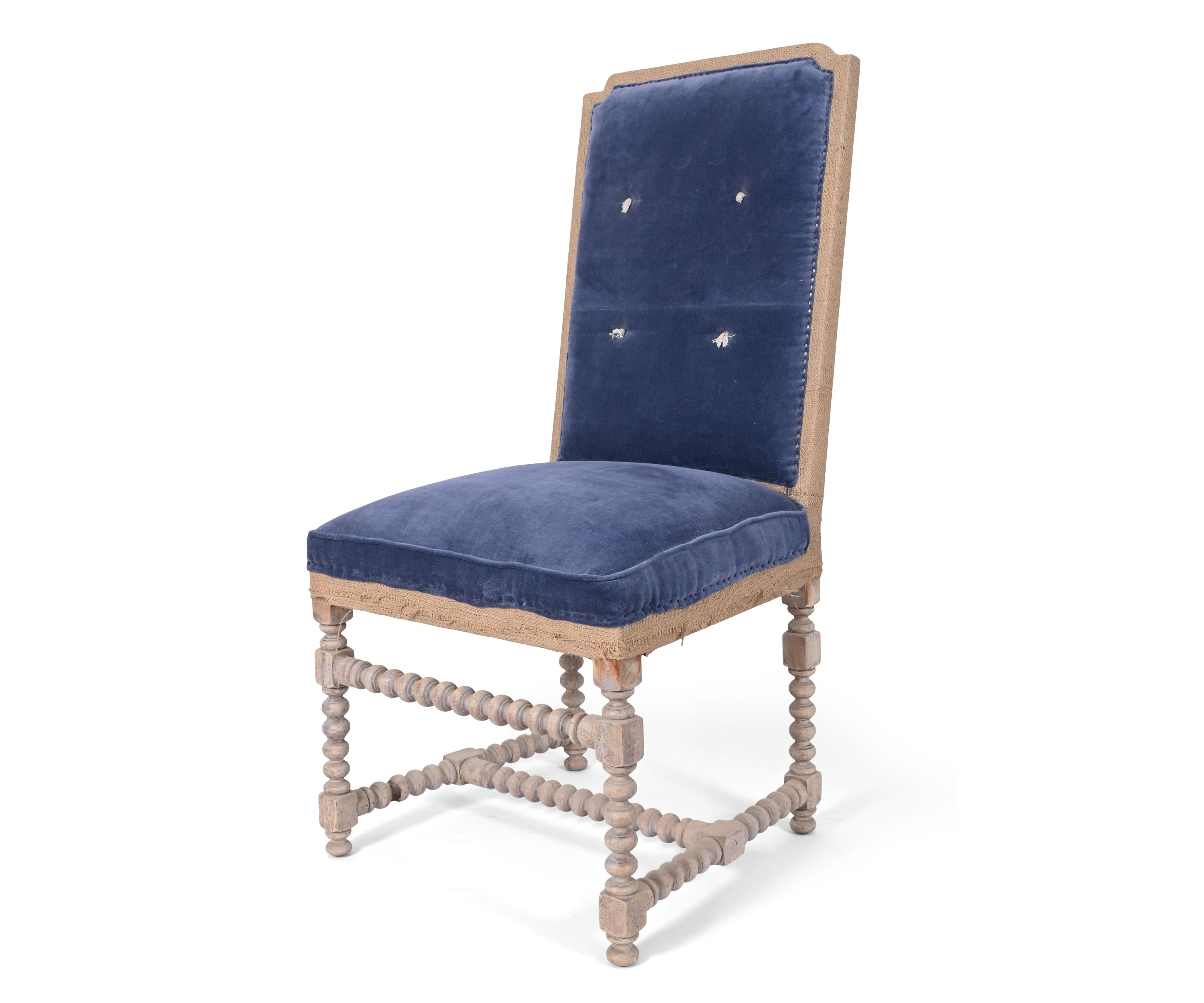 Blue Velvet French Dining Chair with Burlap Trim and Bobbin Legs