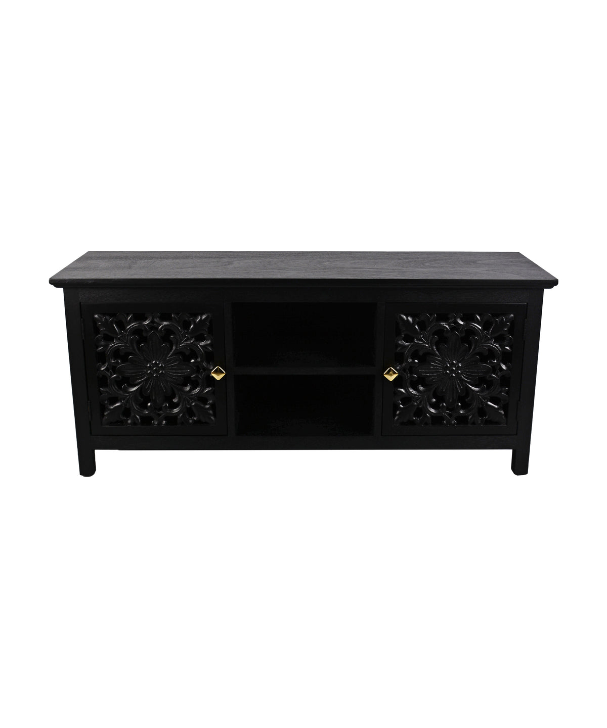 Black Floral Carved TV Unit with Open Shelves
