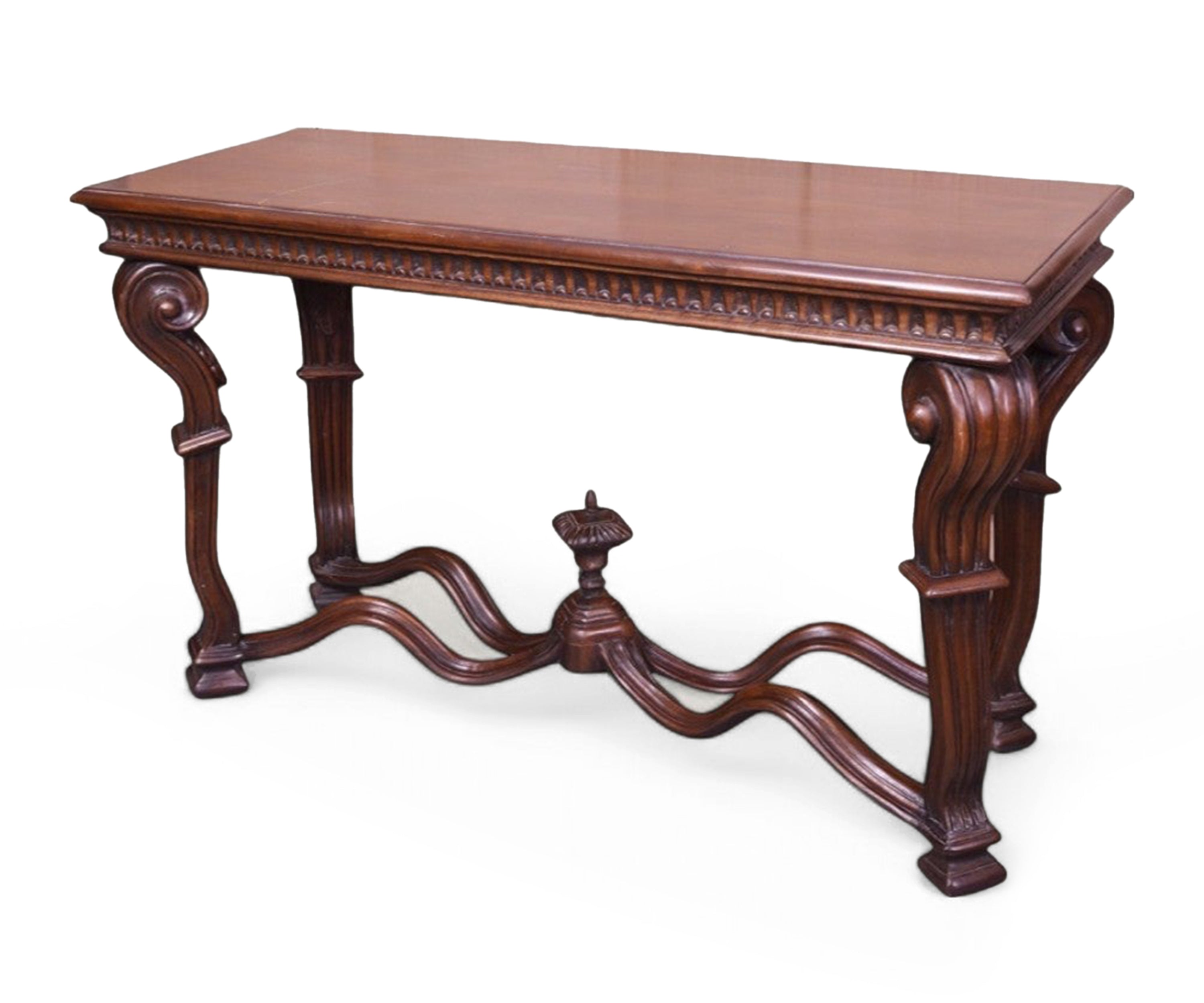 French Style Carved Wooden Console Table with Ornamental Stretcher Base