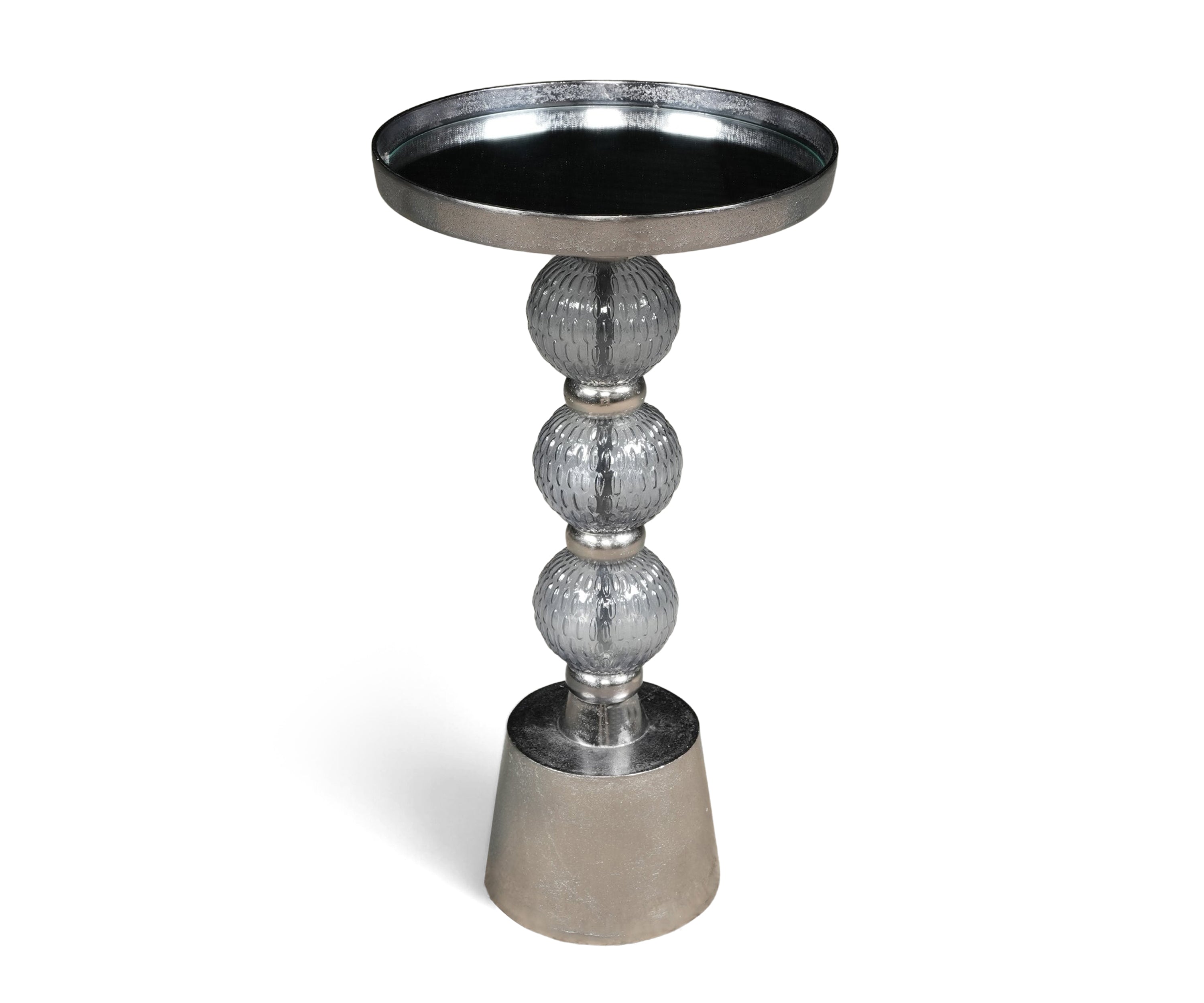 Black Glass Martini Side Table with Triple Orb Sculptural Base
