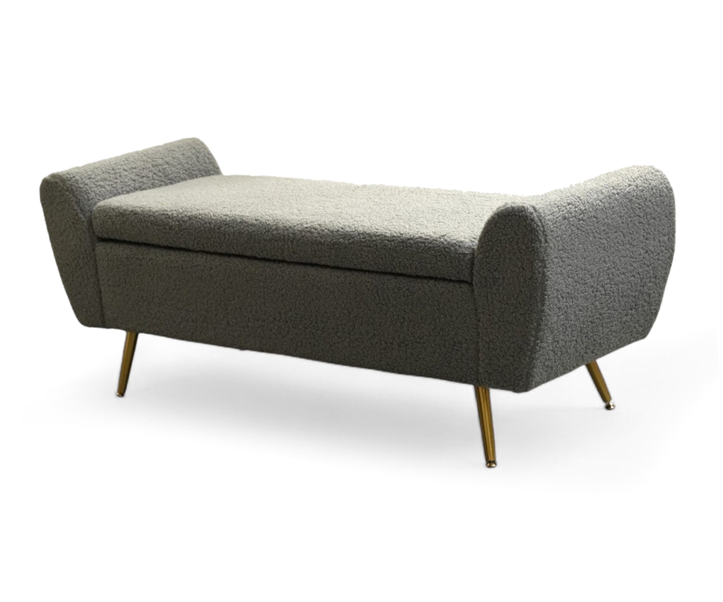 Grey Bouclé Storage Bench with Golden Metal Legs