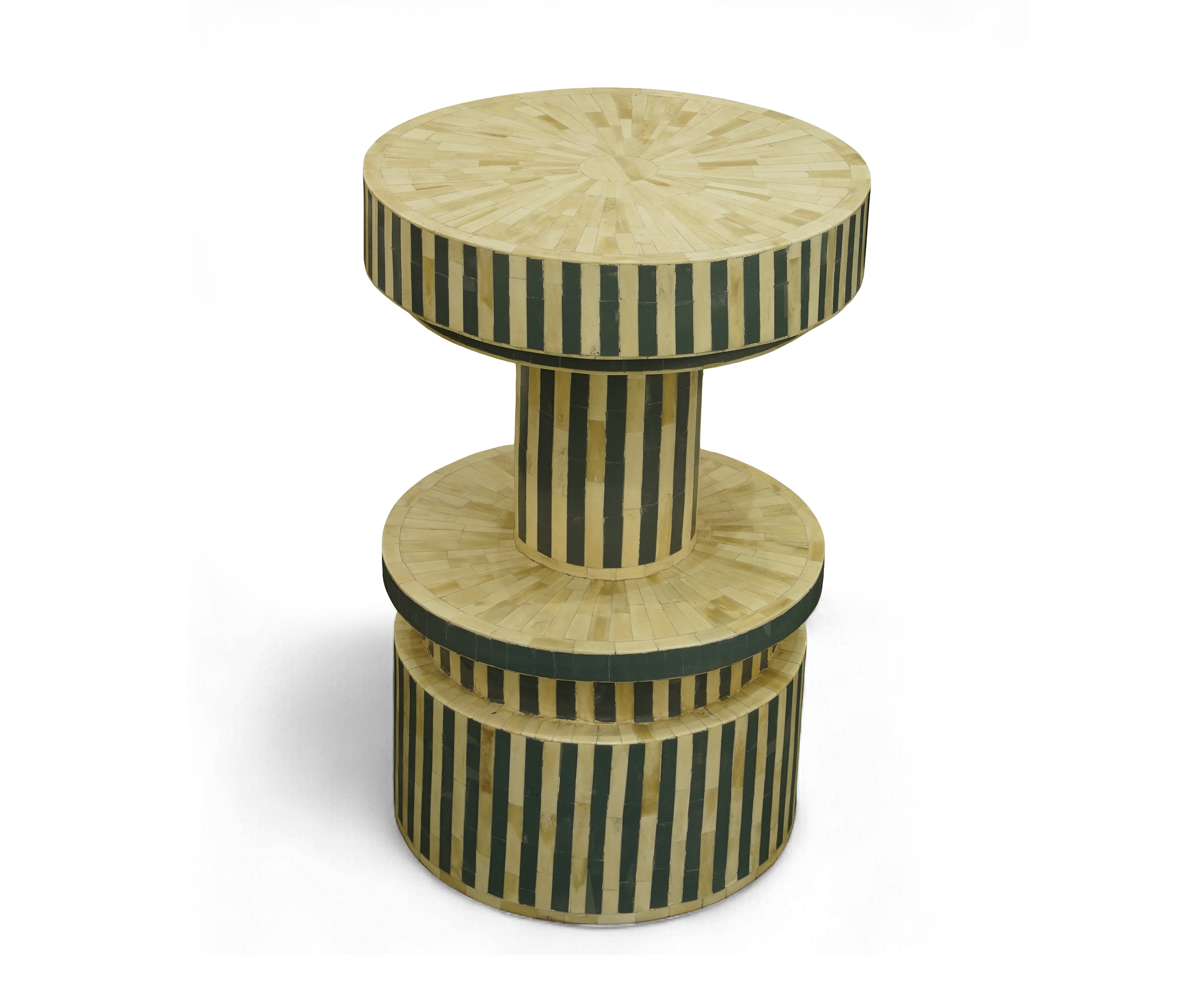 Black and Ivory Bone Inlay Side Table with Tiered Pedestal Base