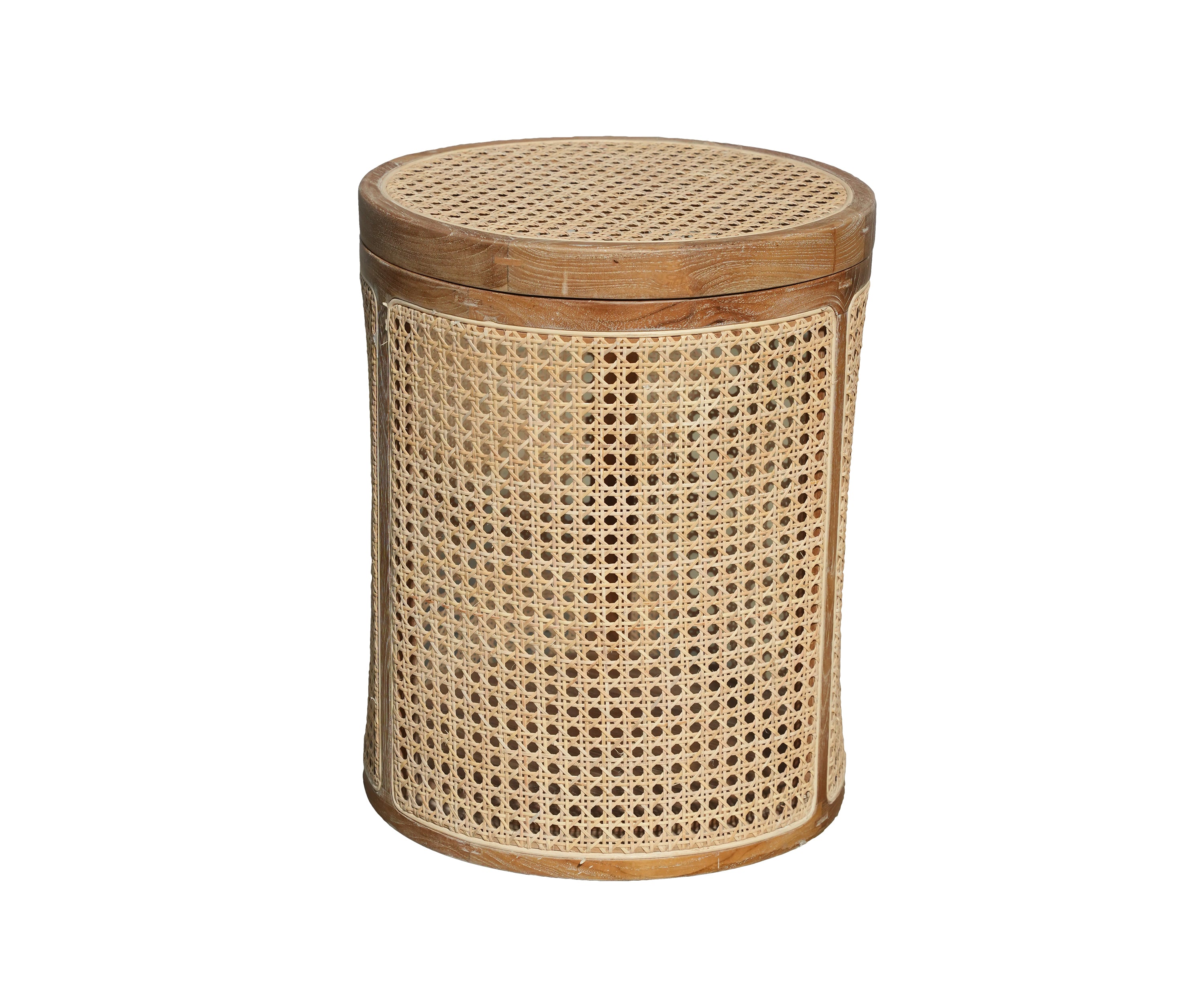 Natural Teak and Cane Round Side Table with  Storage