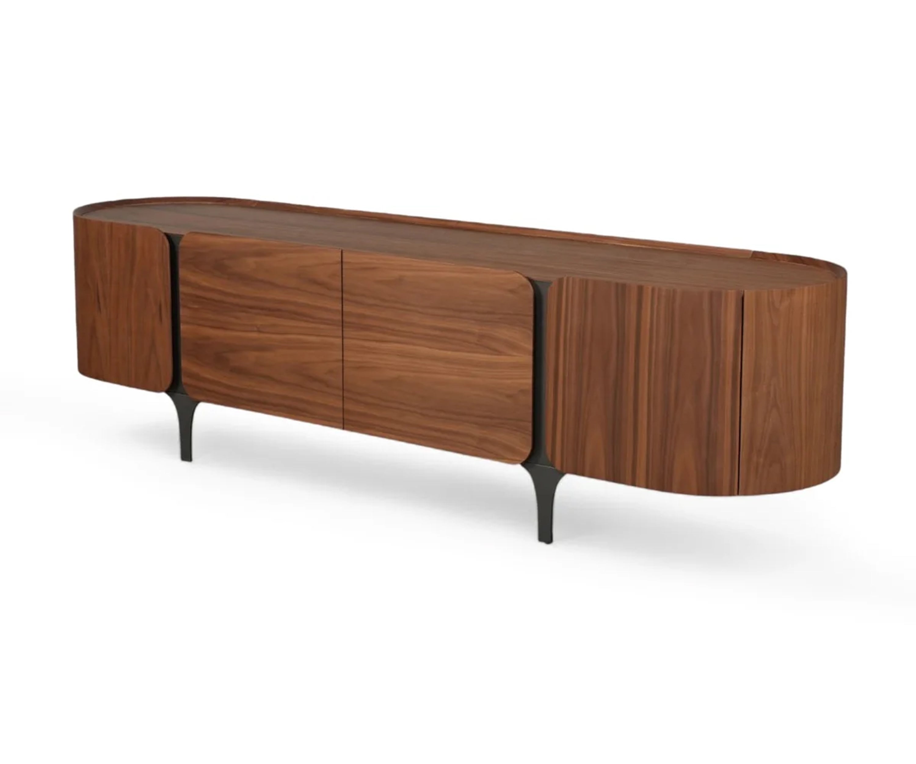 Modern Curved Walnut TV Unit with Storage Cabinets