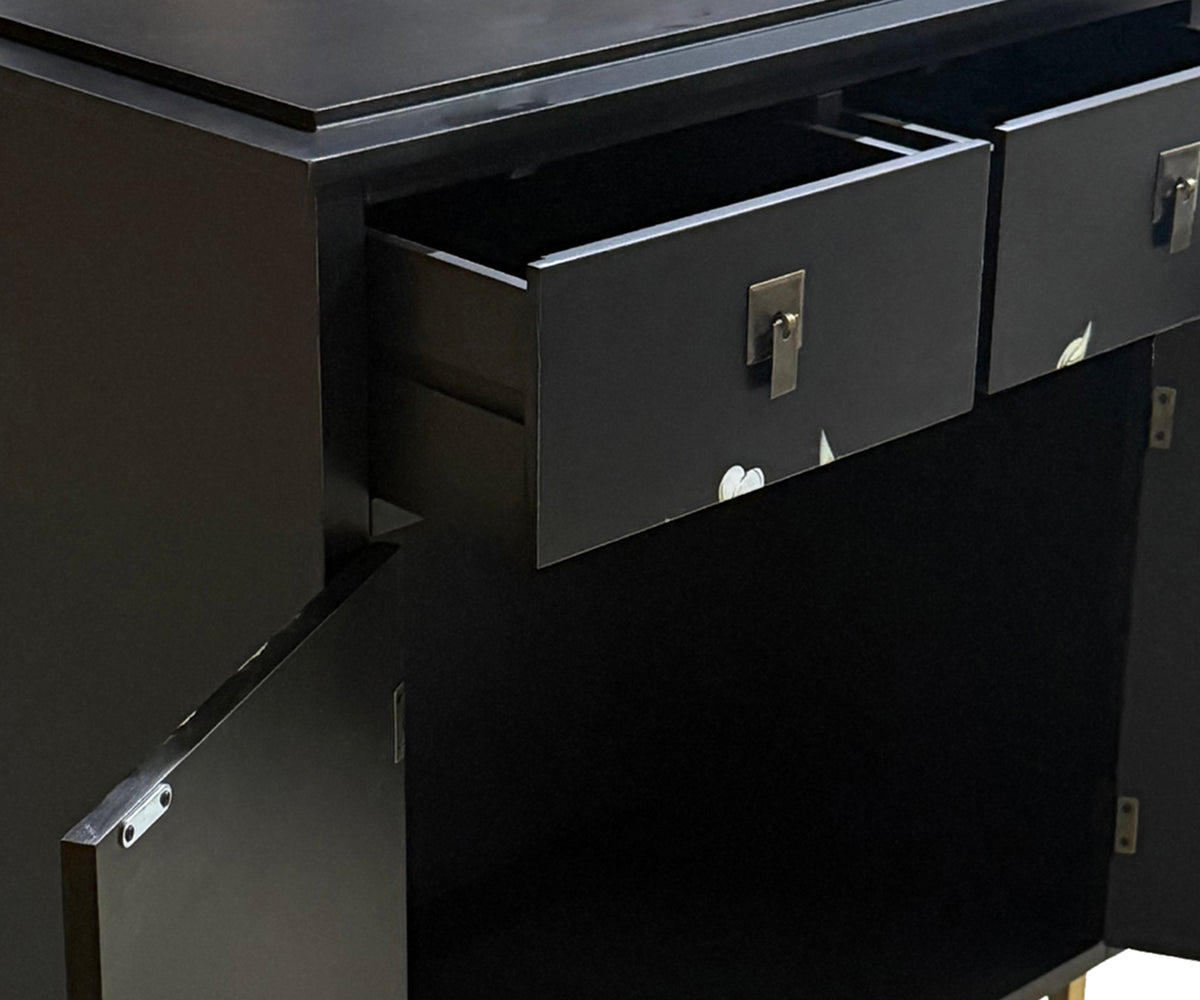 Charcoal Black Floral Wooden 2-Drawer & 2-Door Bedside Table