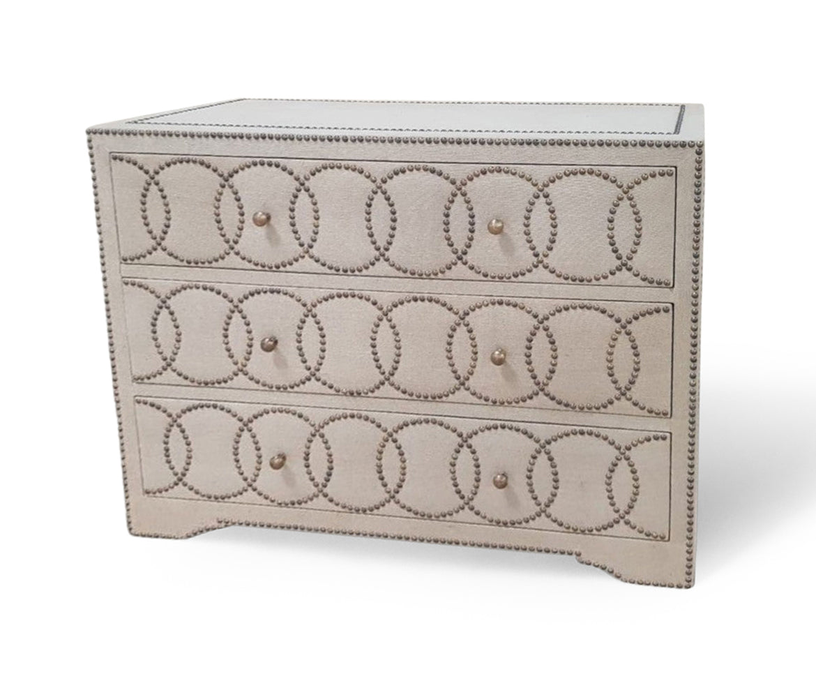 Linen Upholstered 3-Drawer Chest of Drawers with Brass Stud Detailing