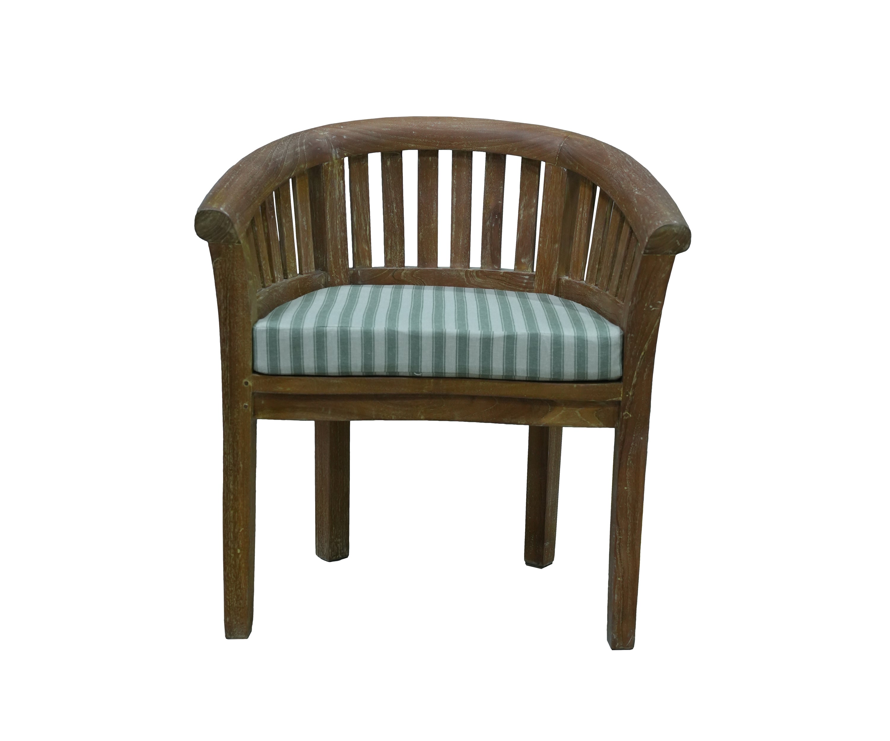 French Style Teak Wood Arm Chair with Striped Cushion and Curved Backrest