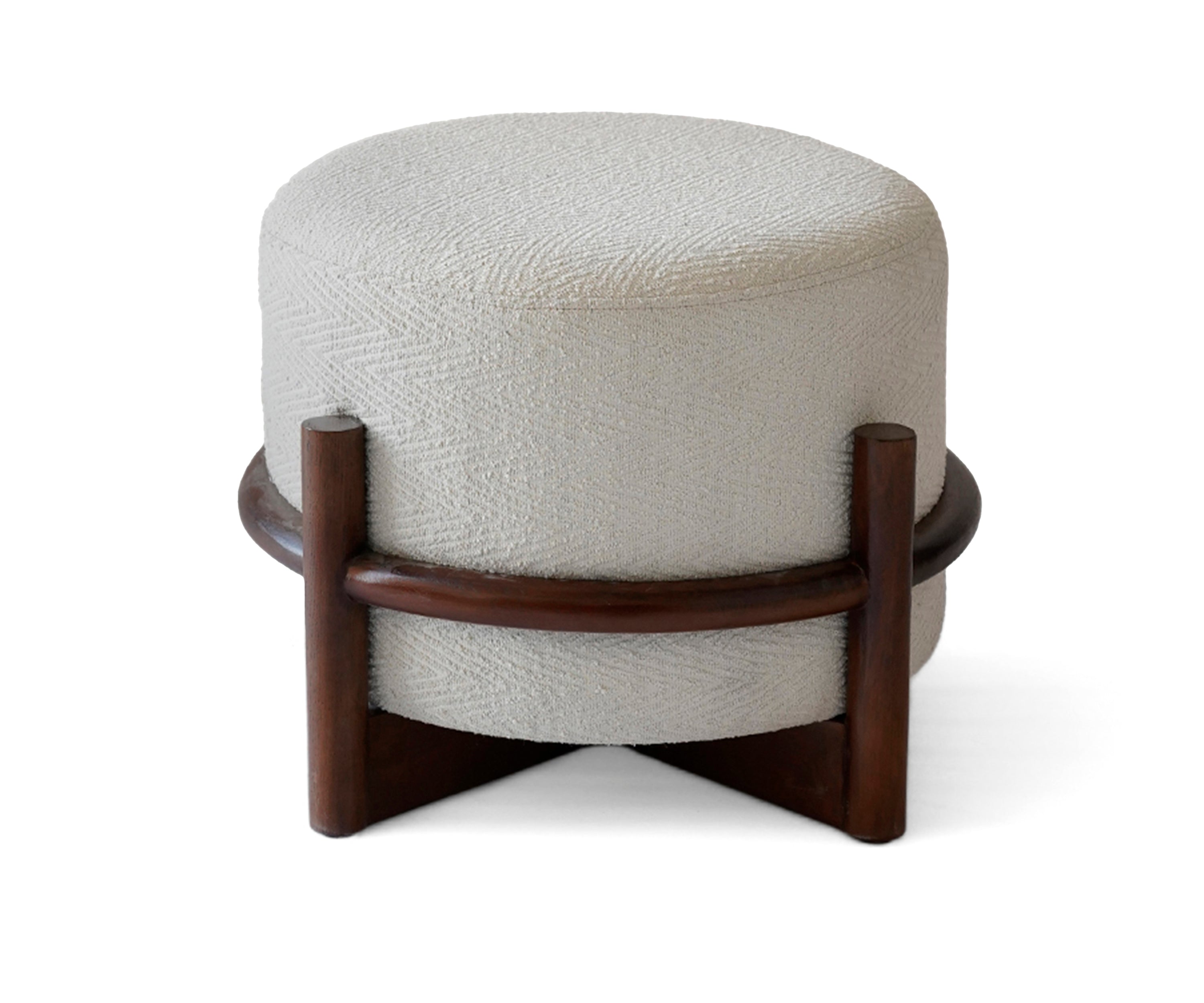 Cream Bouclé Round Ottoman with Teak Wood Base