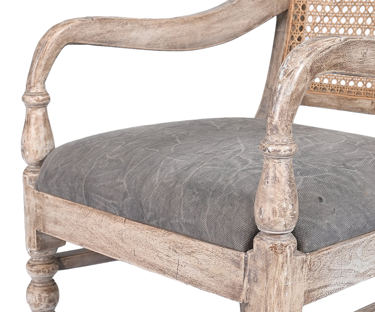 Cane Back Wooden Arm Chair with Baluster-Turned Legs