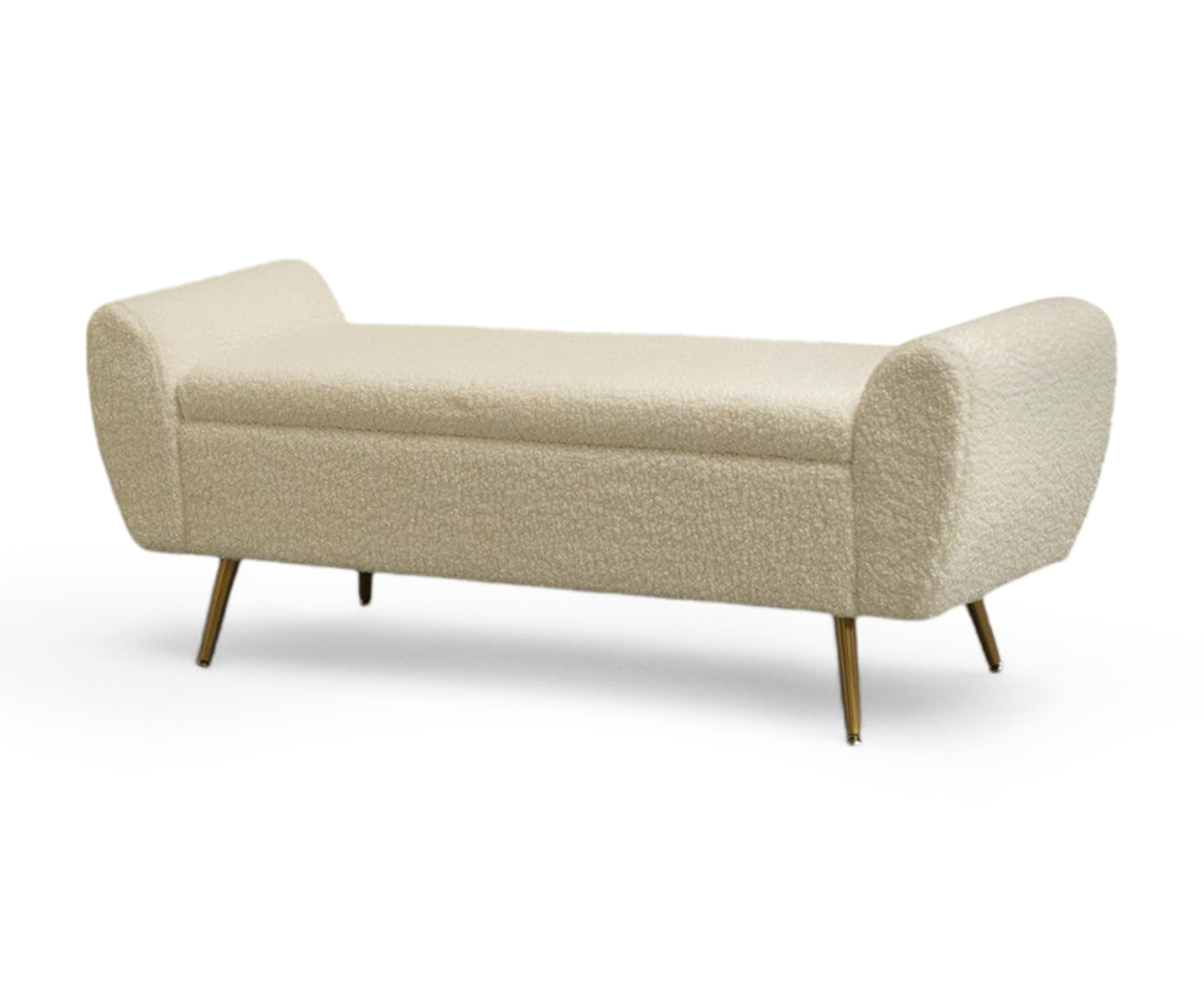 Ivory Bouclé Storage Bench with Golden Metal Legs
