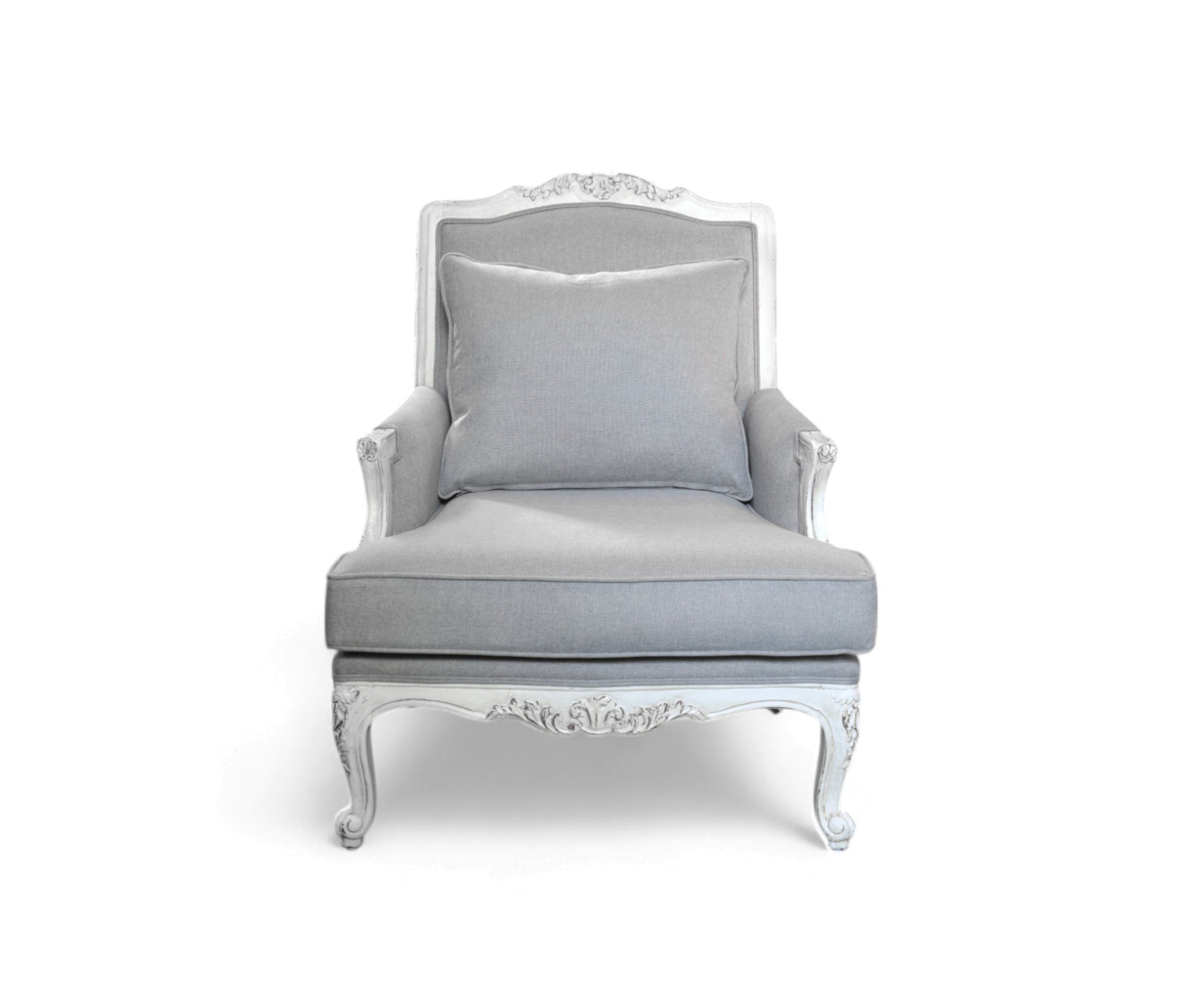 French Style Grey Armchair with Distressed White Frame