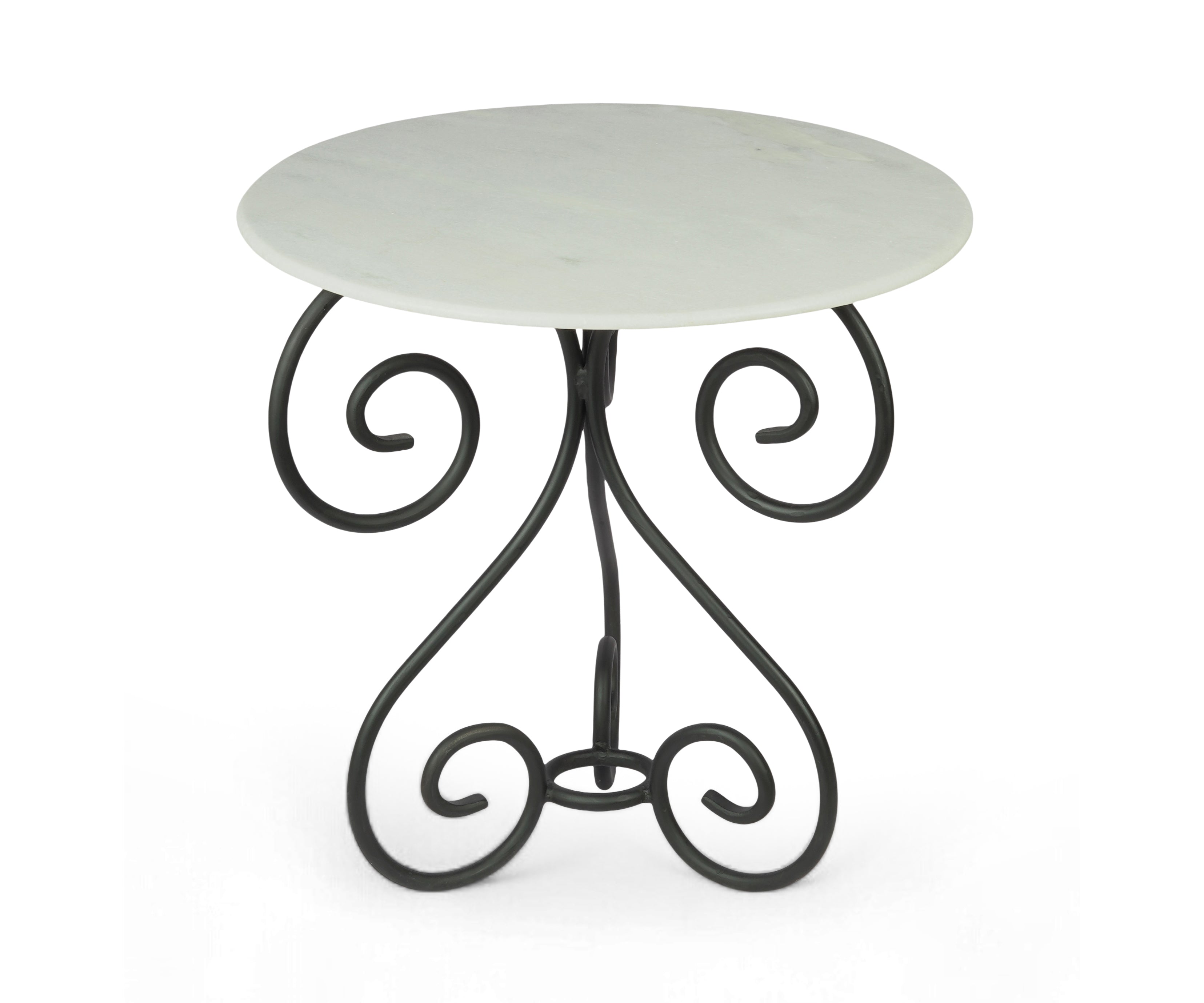 Round White Marble Top Side Table with Scroll Metal Base